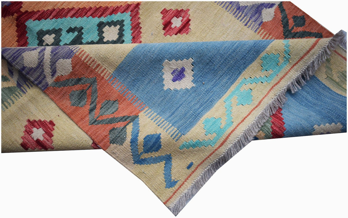 Afghan Maimana Kilim with geometric patterns in blue, red, and cream.