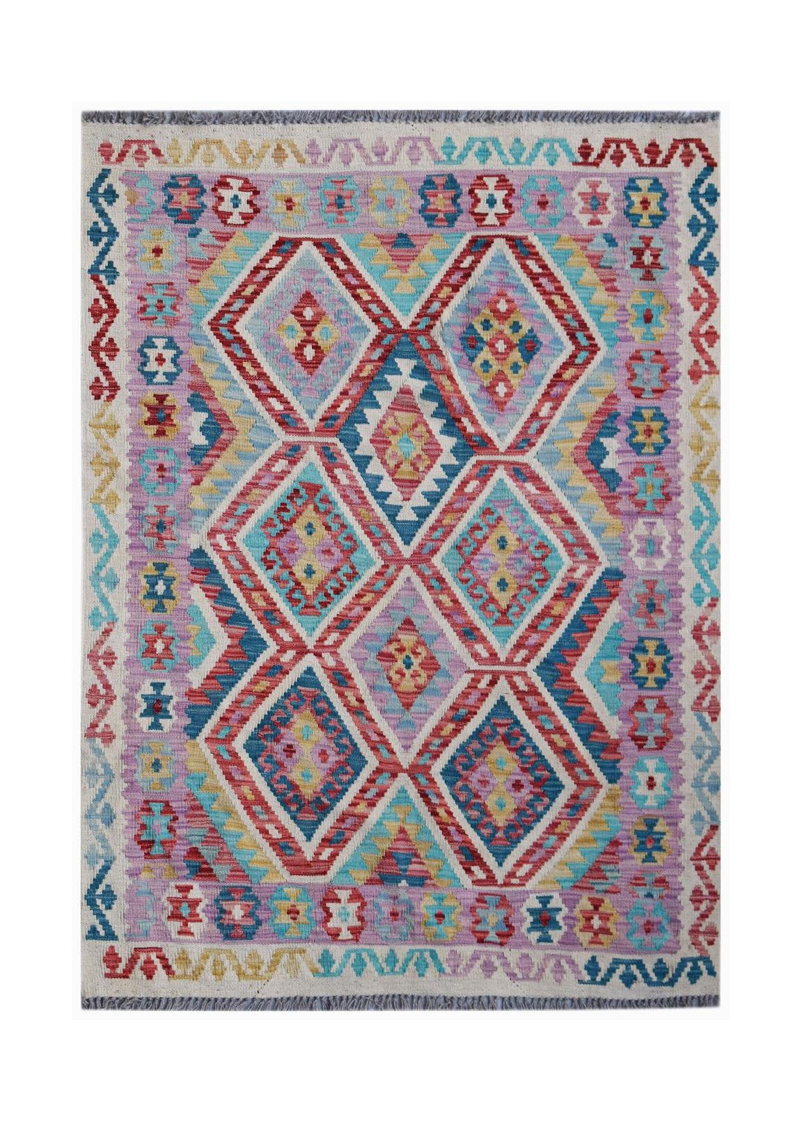 Handwoven Afghan Maimana kilim rug featuring a vibrant geometric diamond pattern in wool.