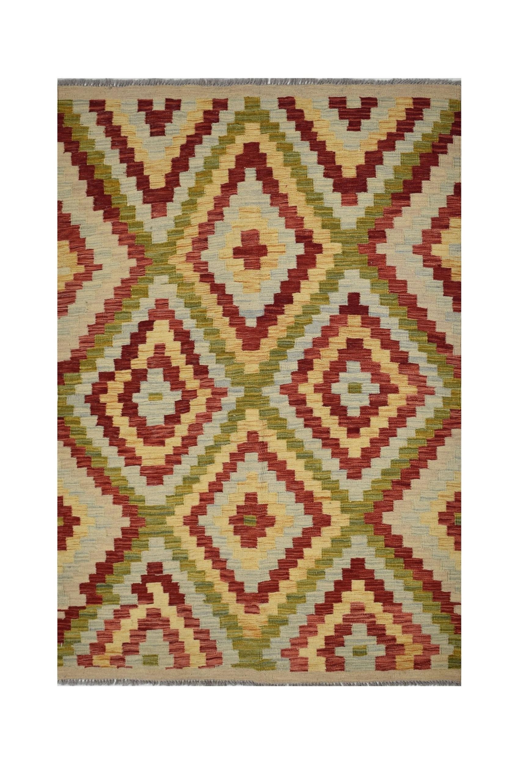 Handmade Afghan Maimana kilim rug featuring a geometric diamond pattern in red, green, and cream.