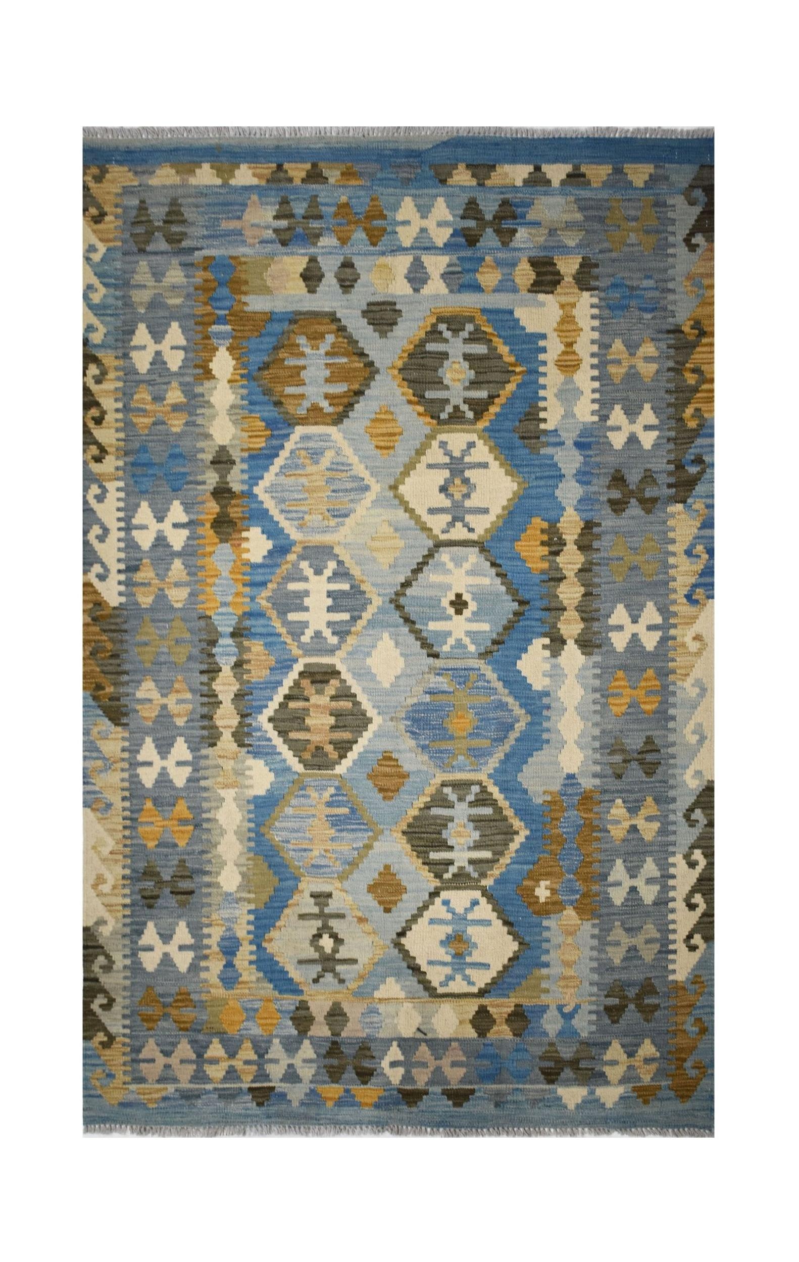 Handmade Afghan Maimana kilim rug featuring a blue field with geometric patterns in wool.
