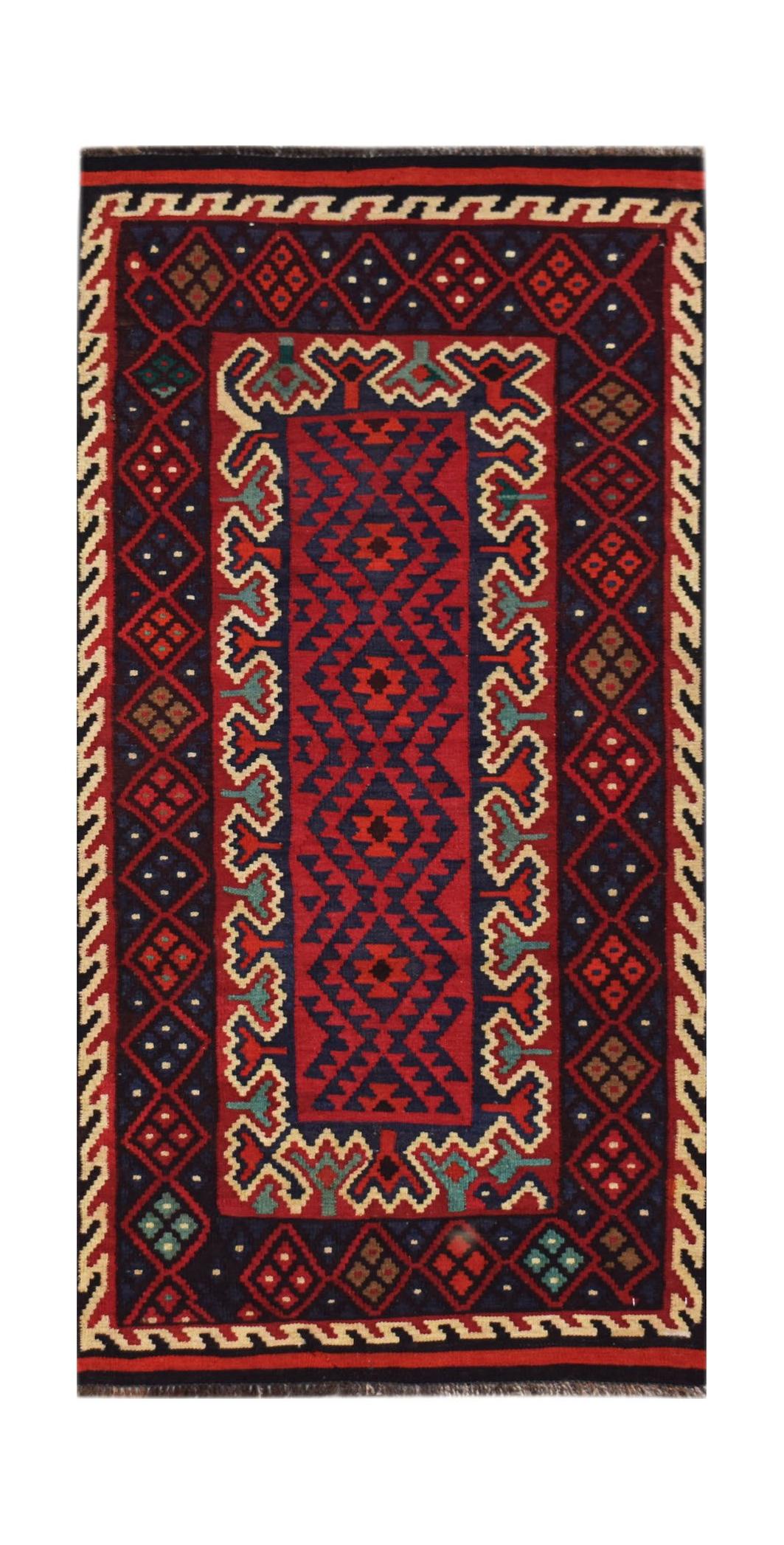 Handwoven Afghan Maimana kilim rug featuring a geometric pattern in red, blue, and cream wool.