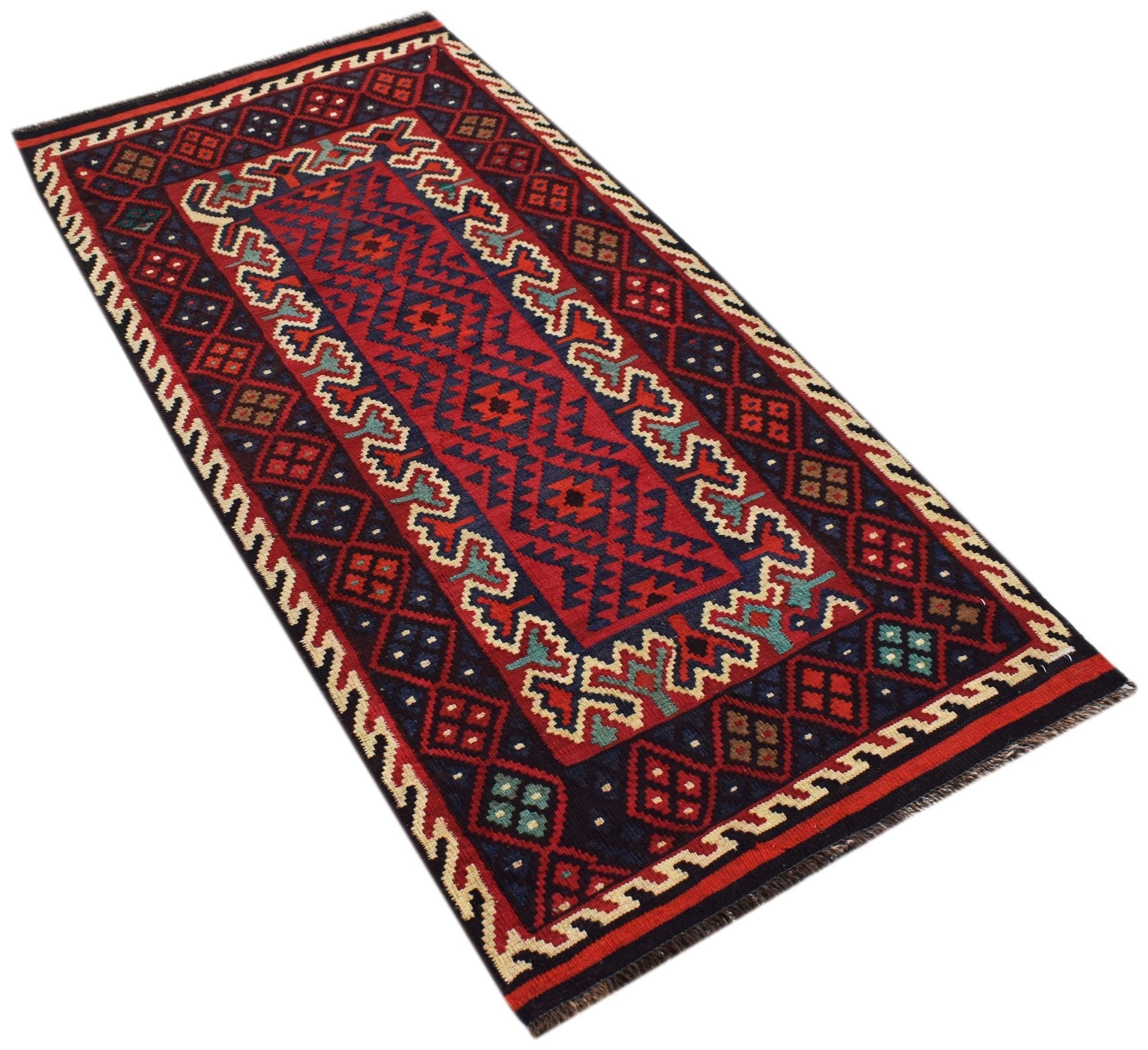 Handwoven Afghan Maimana kilim runner featuring a geometric pattern in red, blue, and cream wool.