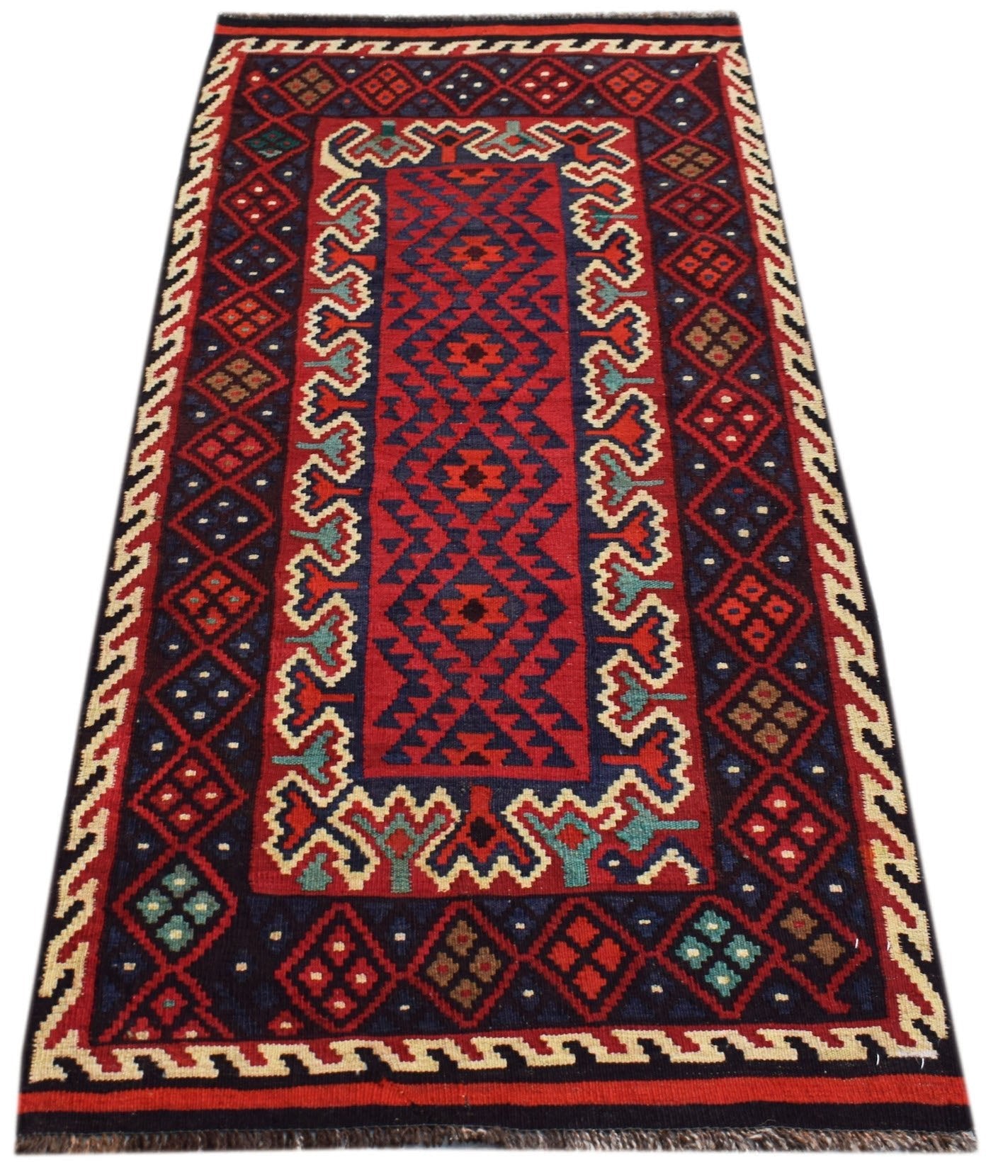 Handwoven Afghan Maimana wool kilim runner featuring a geometric pattern in red and navy blue.