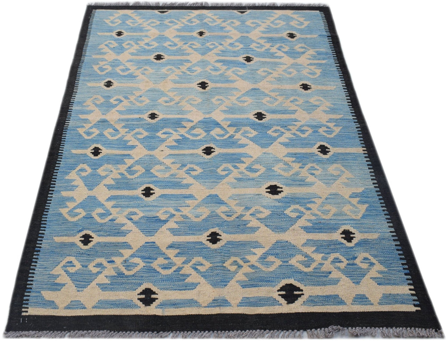 Handwoven Afghan Maimana kilim rug featuring a blue and cream geometric pattern with black accents.