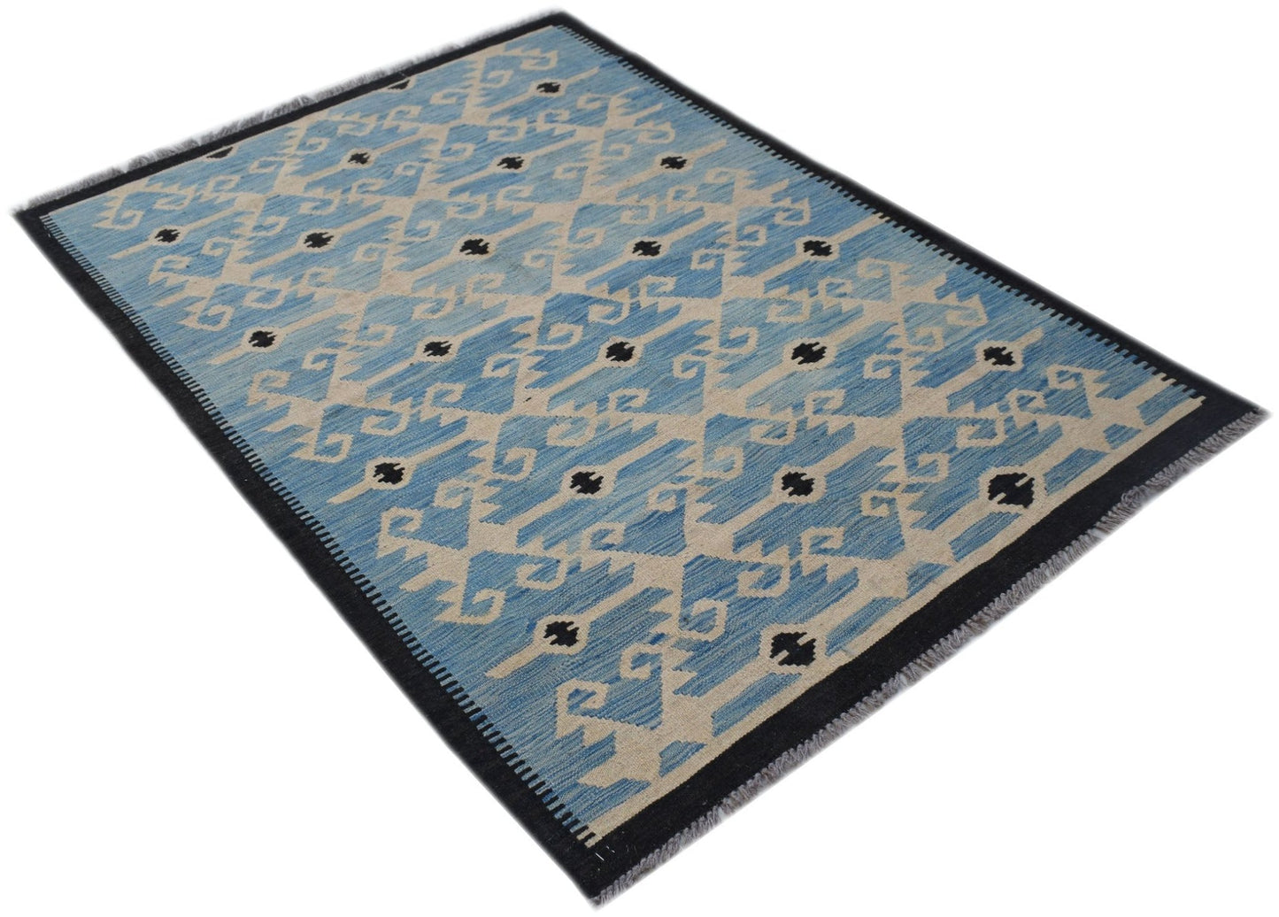 Handwoven Afghan Maimana kilim rug featuring a blue and cream geometric pattern with a black border.