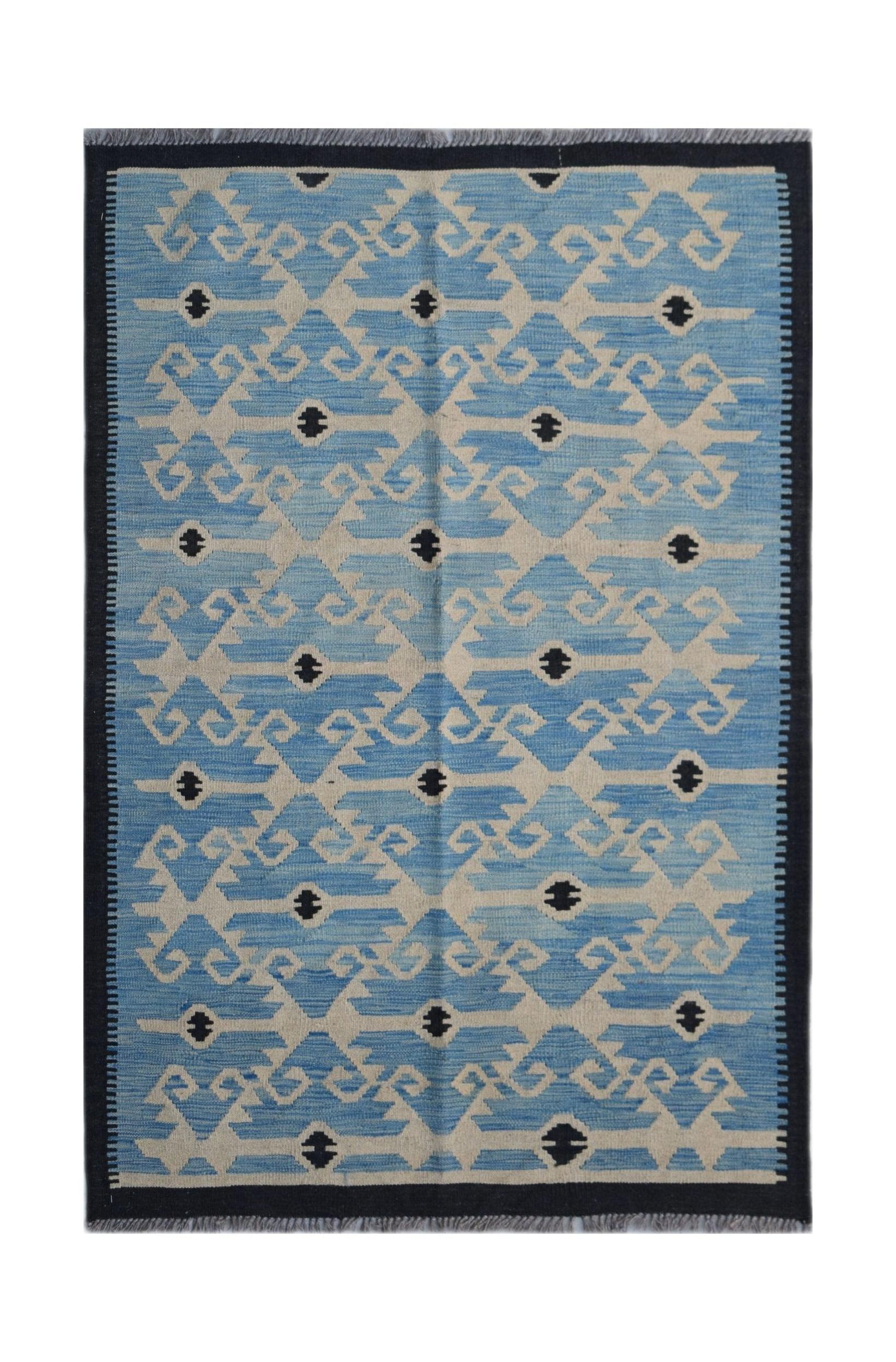 Handwoven Afghan Maimana kilim rug featuring a blue and cream geometric pattern with black accents.