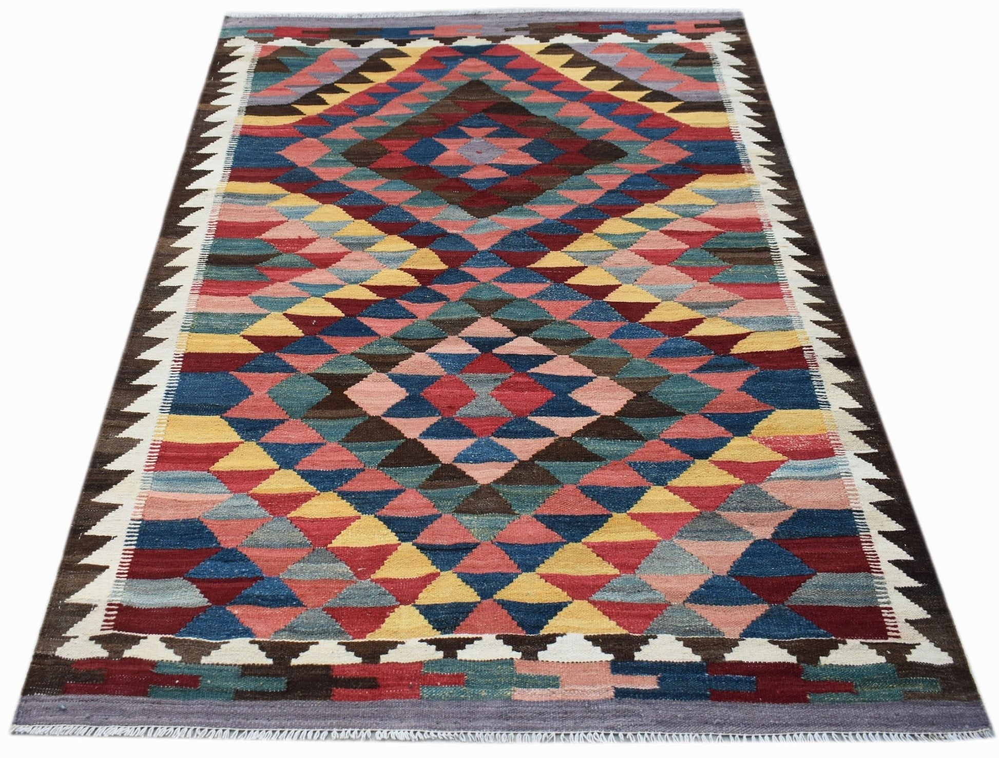 Handwoven Afghan Maimana Kilim rug featuring a colorful geometric diamond pattern.
