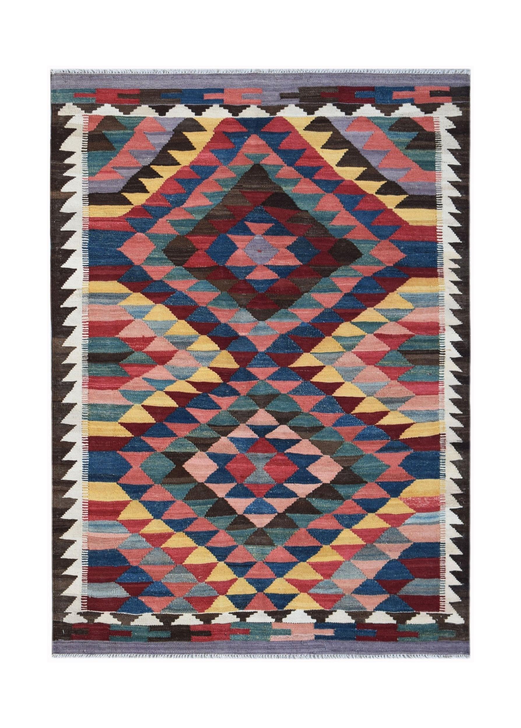 Handwoven Afghan Maimana kilim rug featuring a colorful geometric diamond pattern.