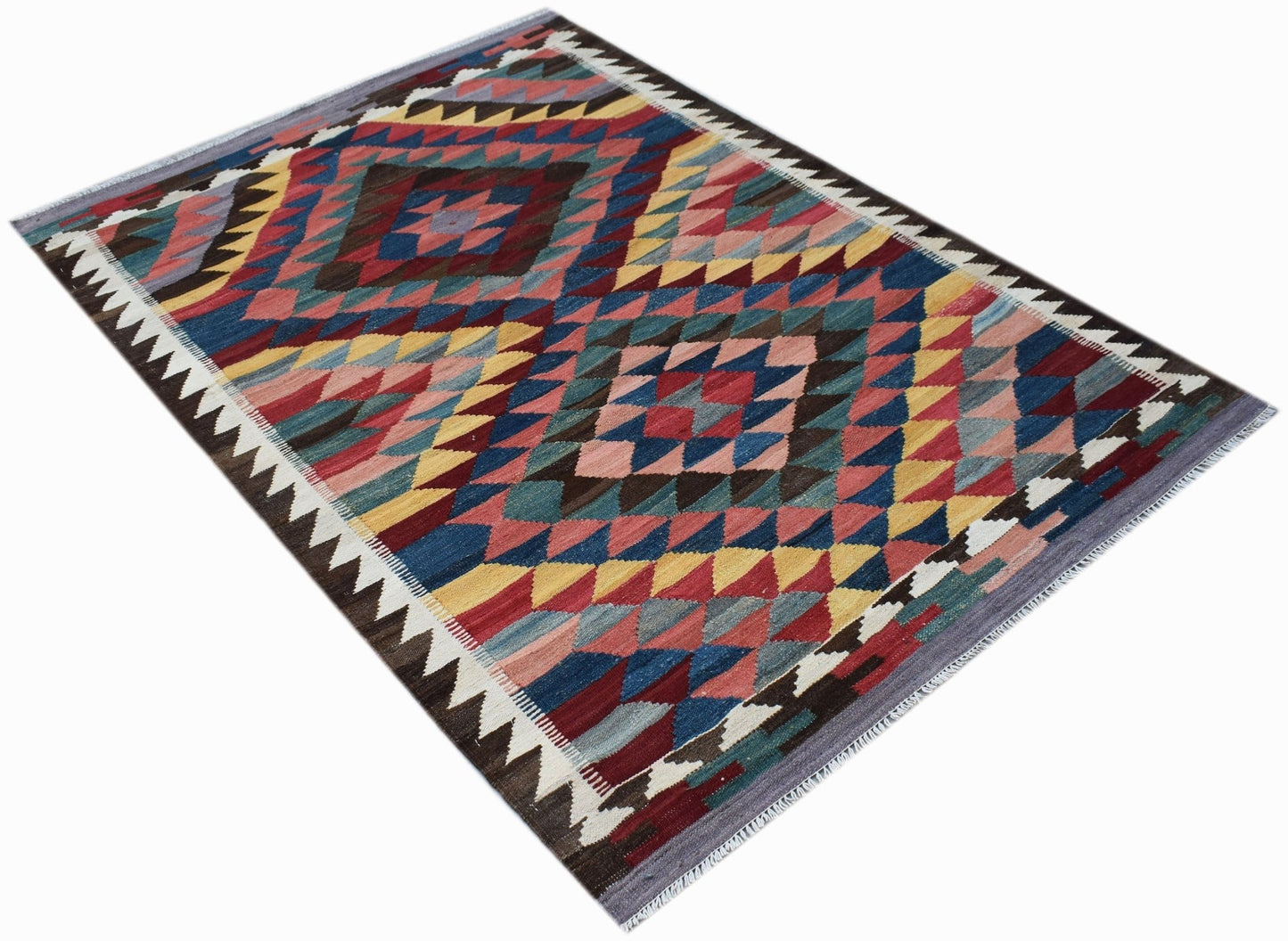 Handwoven Afghan Maimana kilim rug featuring a colorful geometric diamond pattern.
