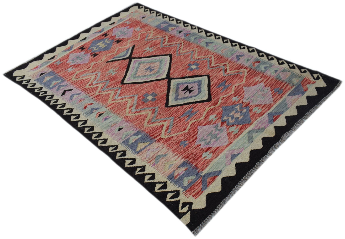 Handwoven Afghan Maimana kilim rug featuring a geometric pattern in red, blue, and cream tones.