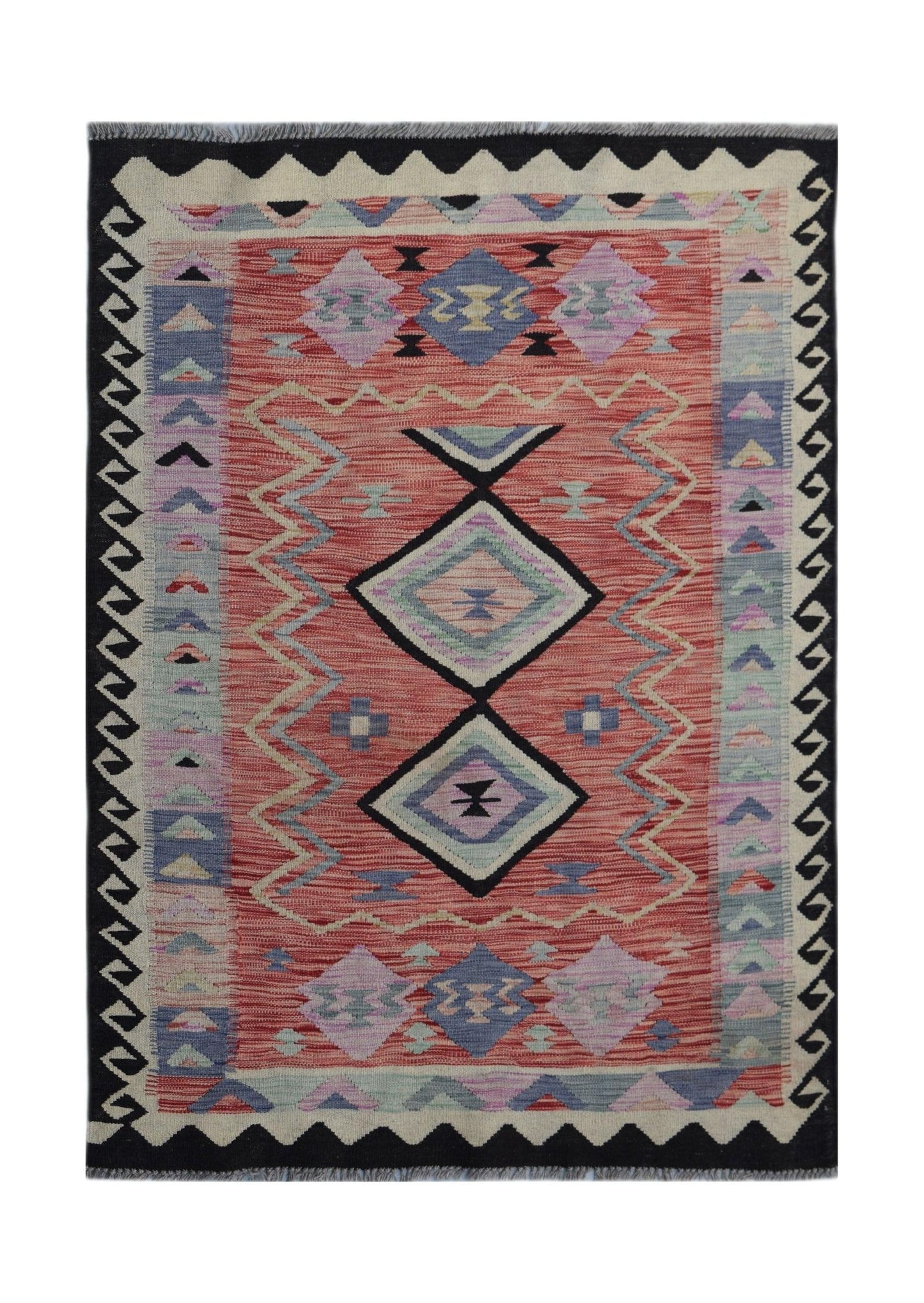 Handwoven Afghan Maimana kilim rug featuring geometric patterns in red, blue, and cream tones.