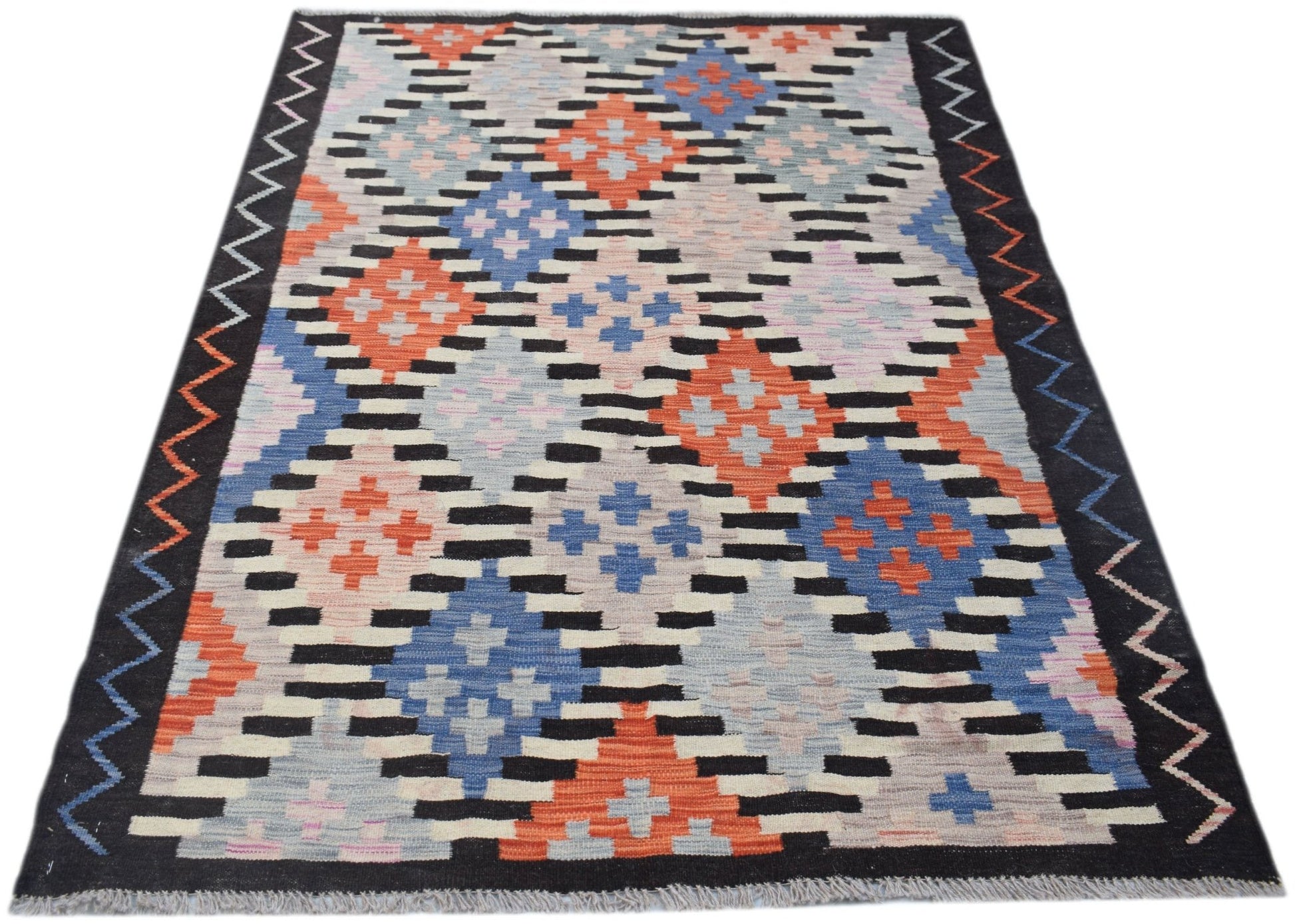 Handwoven Afghan Maimana kilim rug featuring a colorful geometric diamond pattern.