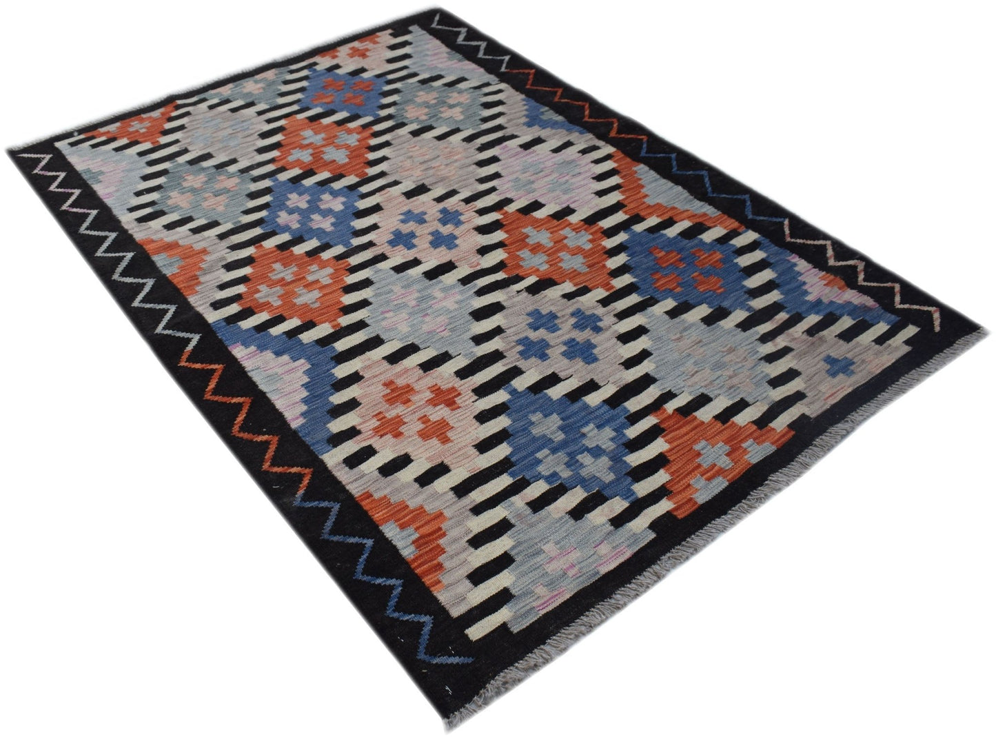 Handwoven Afghan Maimana kilim rug featuring a geometric pattern in blue, orange, and grey tones.