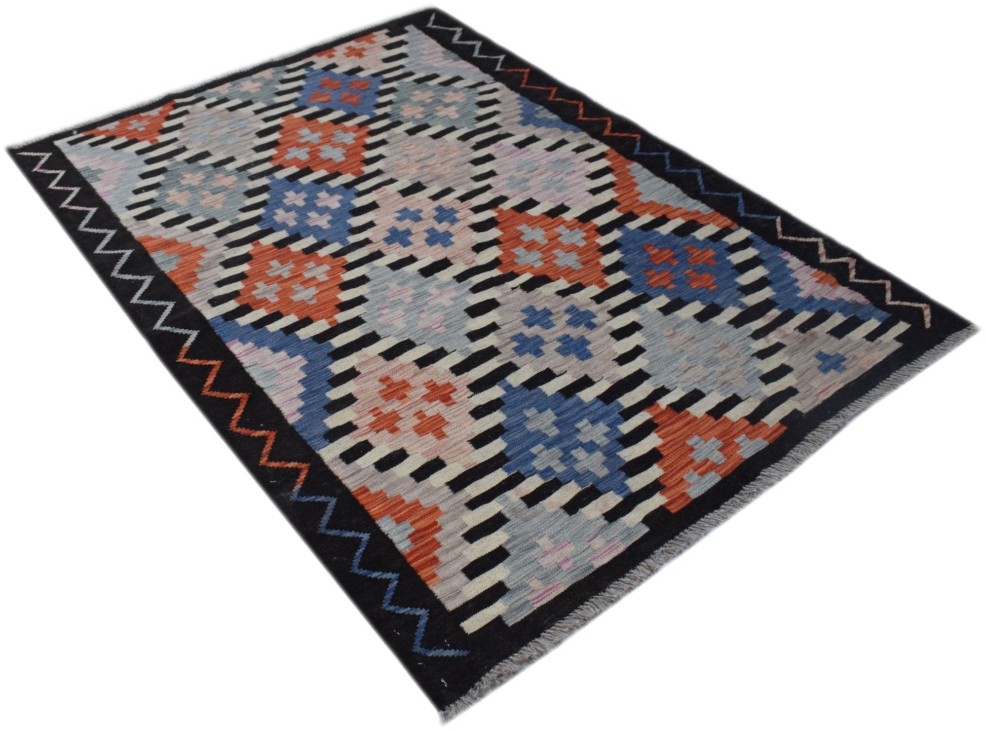 Handwoven Afghan Maimana kilim rug featuring a geometric pattern in blue, orange, and grey tones.