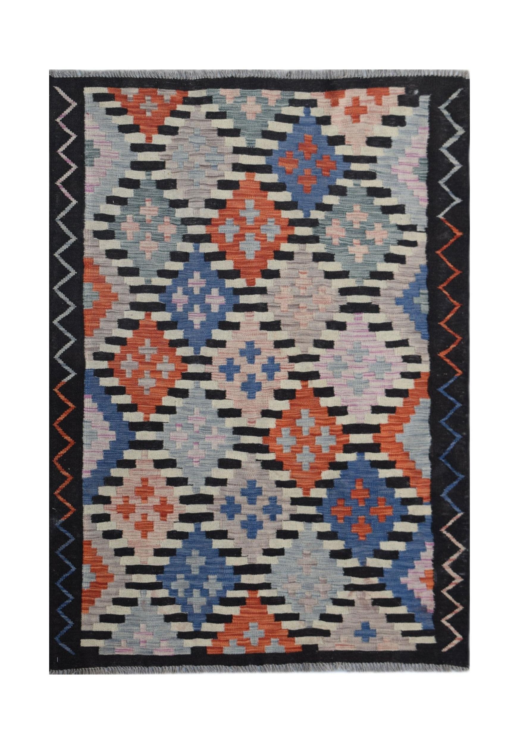 Handwoven Afghan Maimana kilim rug featuring a geometric diamond pattern in vibrant wool colors.