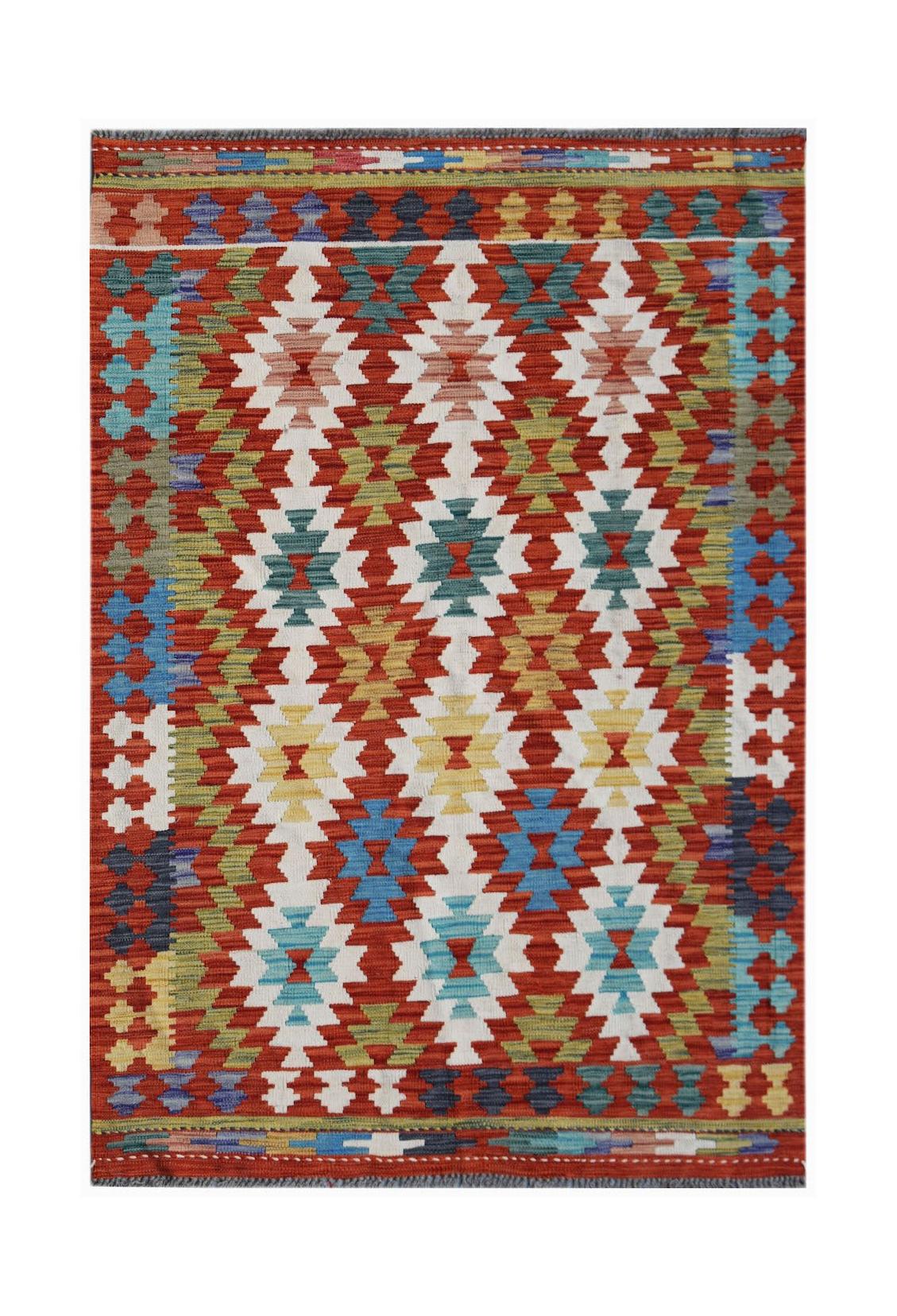 Handwoven Afghan Maimana kilim rug featuring a vibrant geometric diamond pattern in wool.