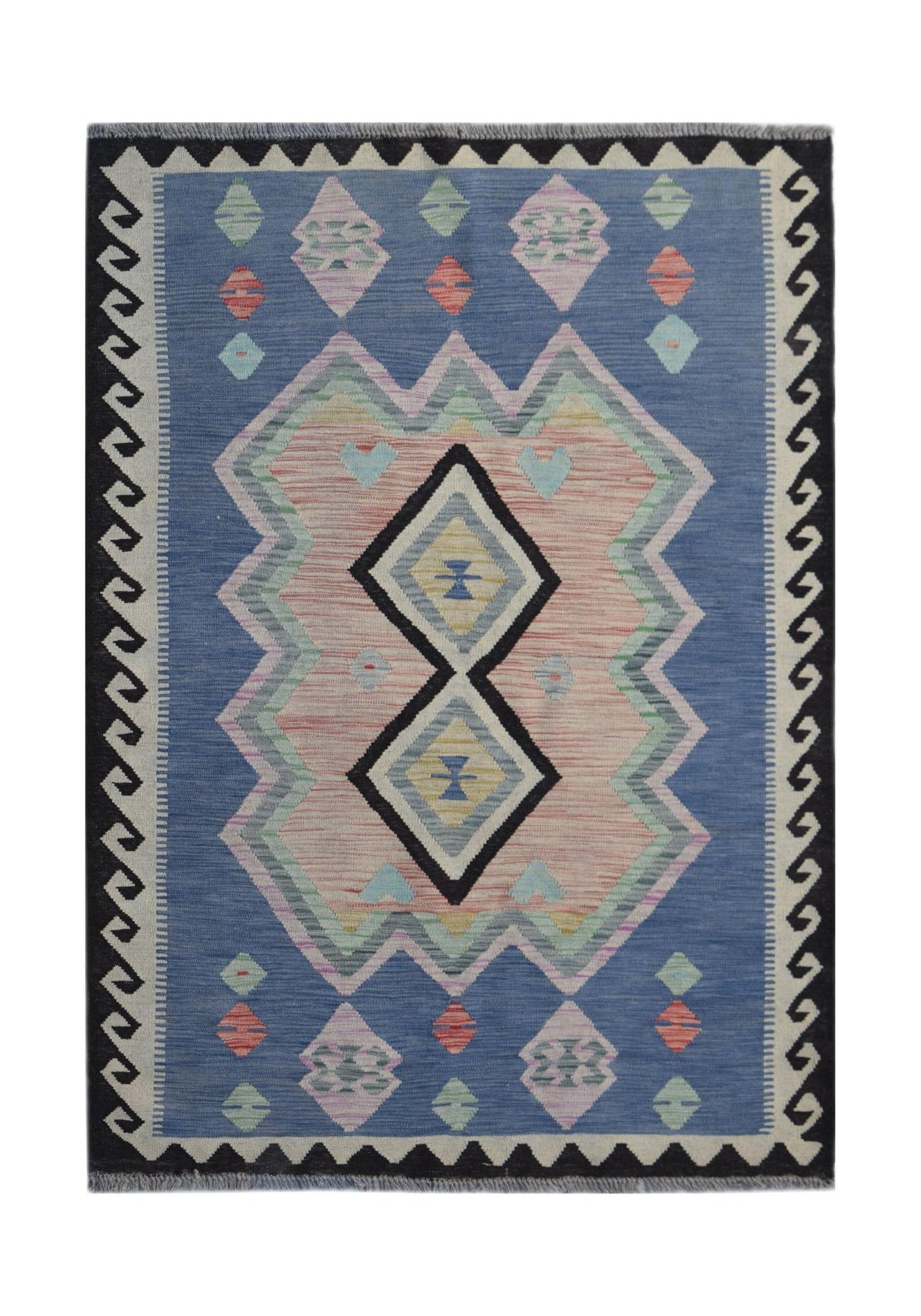 Handwoven Afghan Maimana kilim rug featuring a blue field with geometric diamond patterns.