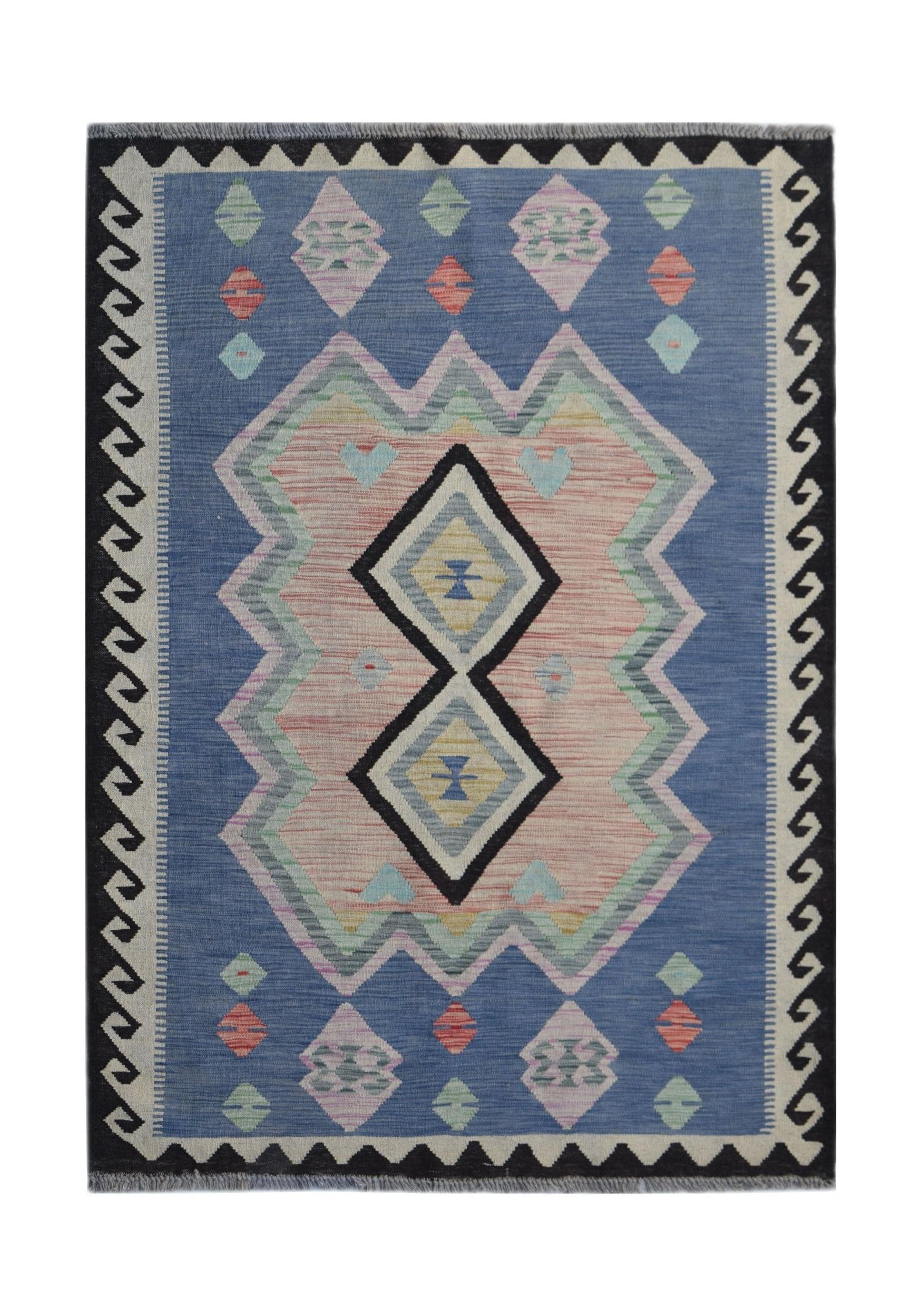 Handwoven Afghan Maimana kilim rug featuring a blue field with geometric diamond patterns.