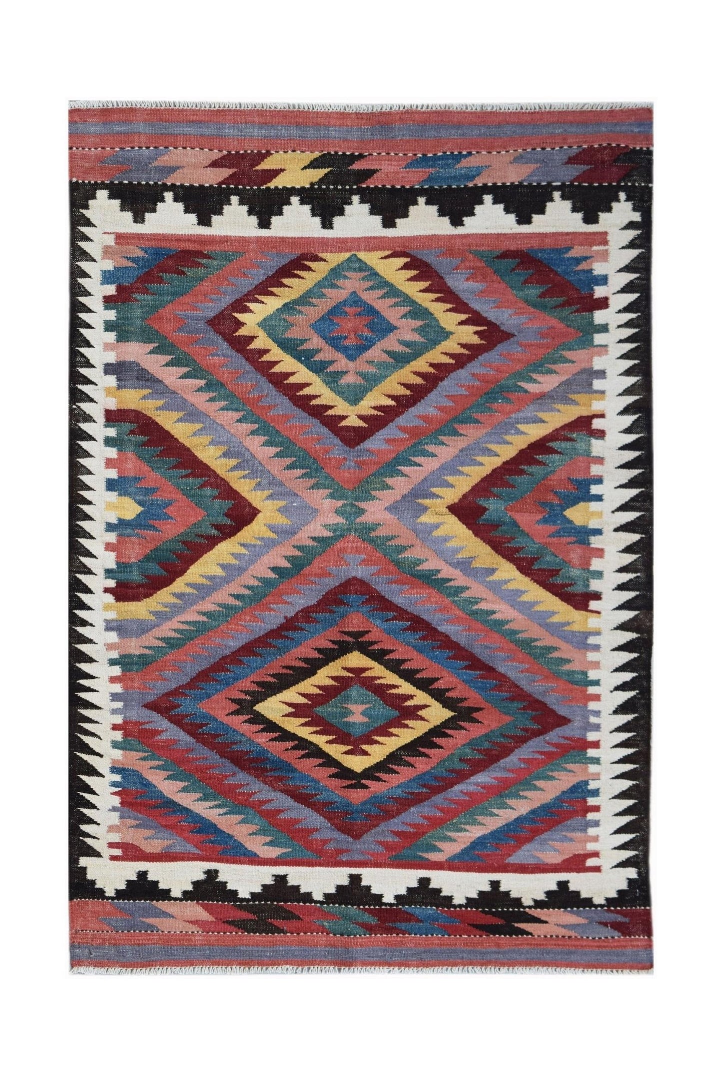 Handwoven Afghan Maimana kilim rug featuring a colorful geometric diamond pattern.