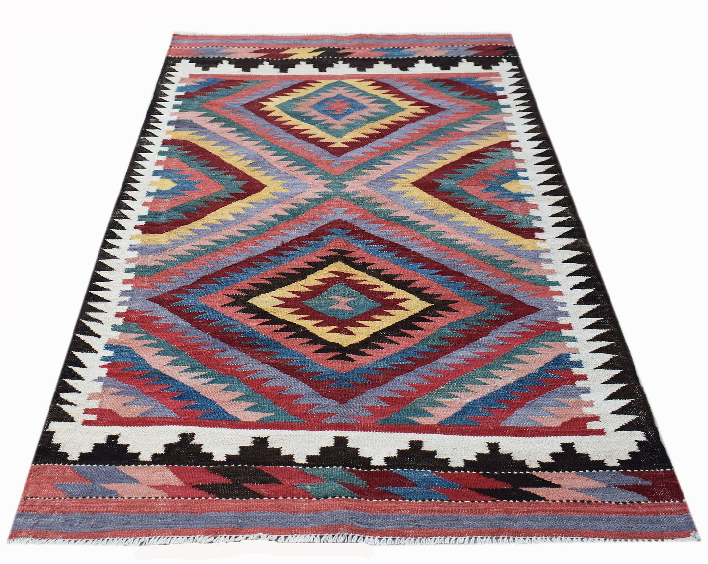Handwoven Afghan Maimana kilim rug featuring a colorful geometric diamond pattern.
