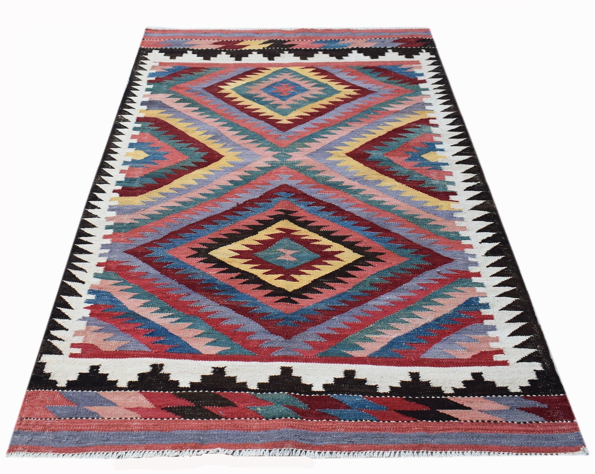 Handwoven Afghan Maimana kilim rug featuring a colorful geometric diamond pattern.