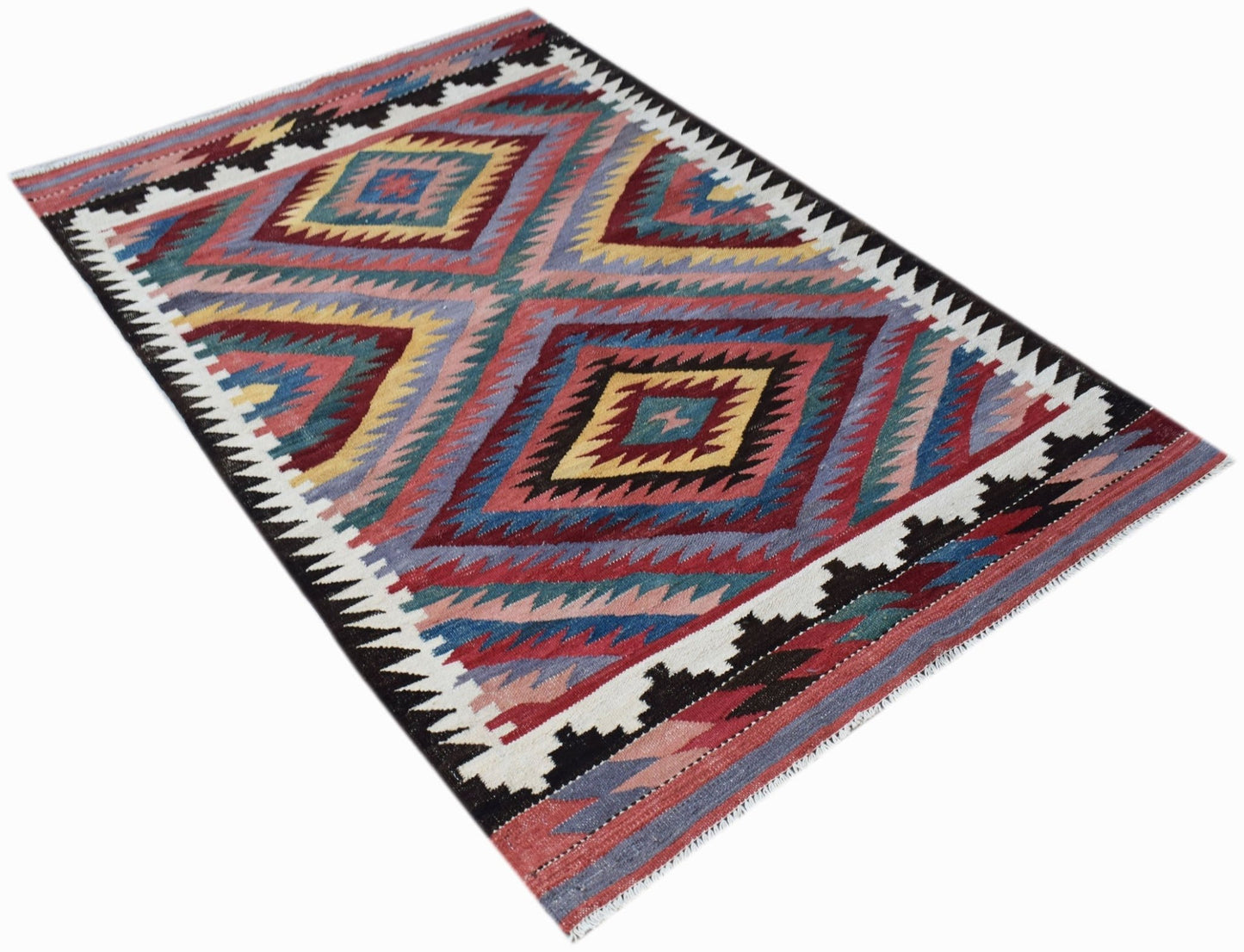 Handwoven Afghan Maimana kilim rug featuring a geometric diamond pattern in vibrant colors.