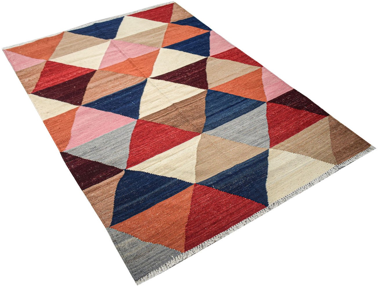 Handwoven Afghan Maimana kilim rug featuring a colorful geometric triangle pattern in wool.