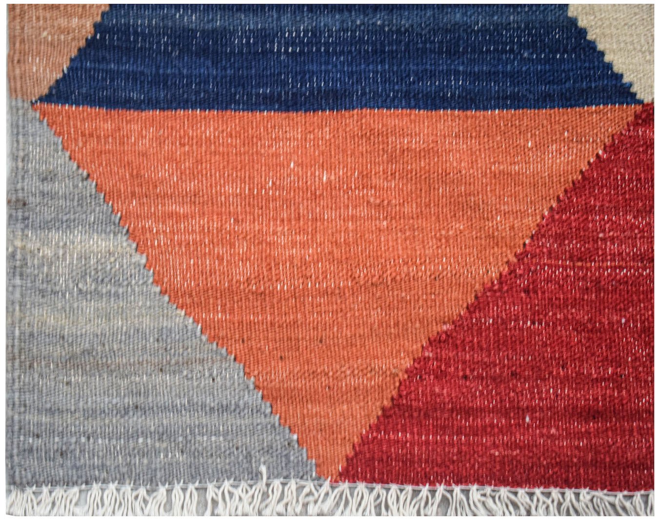 Handwoven Afghan Maimana kilim featuring a geometric pattern in blue, orange, red, and grey.
