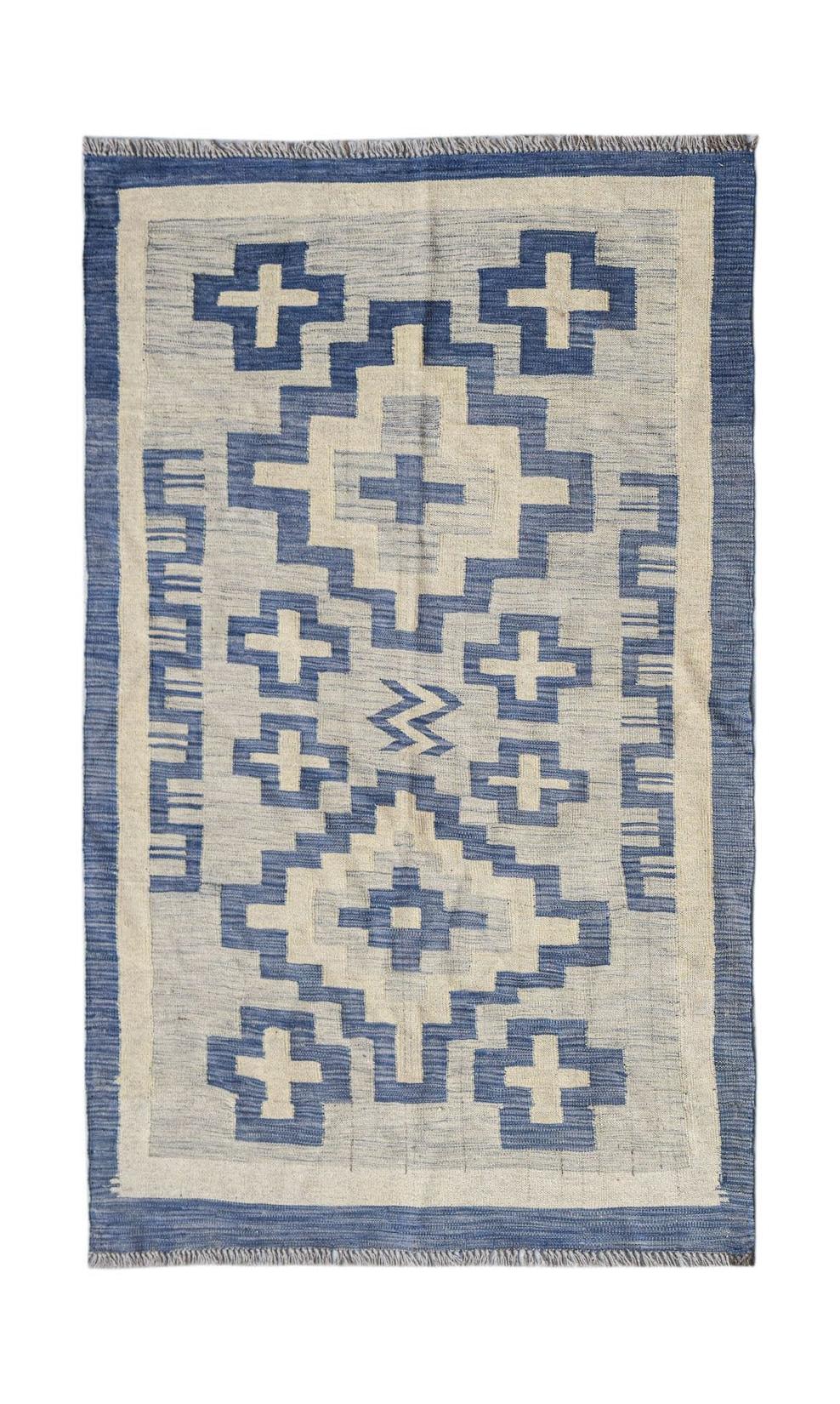 Afghan Maimana Kilim with blue and cream geometric pattern.