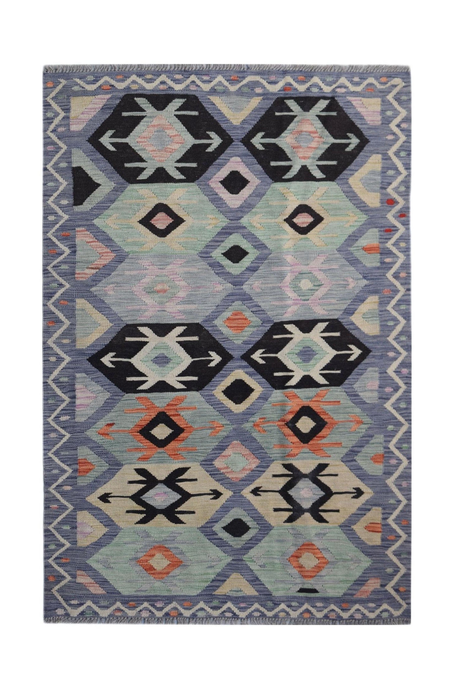 Handwoven Afghan Maimana kilim rug featuring a geometric pattern in blue, black, and orange tones.