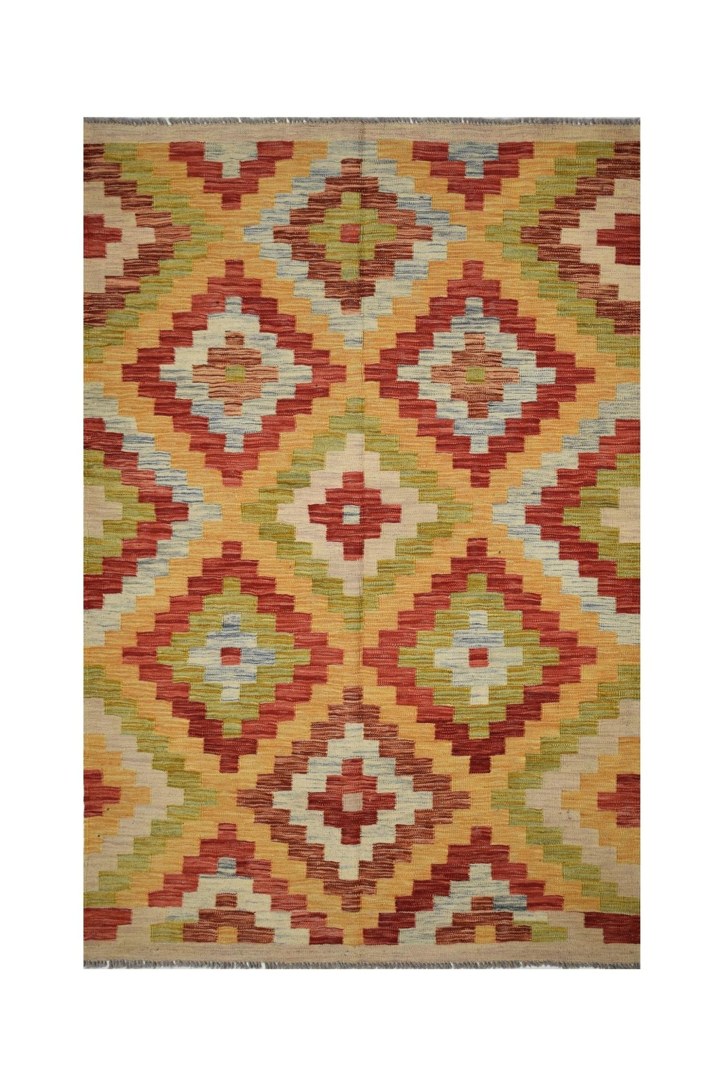 Handmade Afghan Maimana kilim rug featuring a geometric diamond pattern in warm earthy tones.