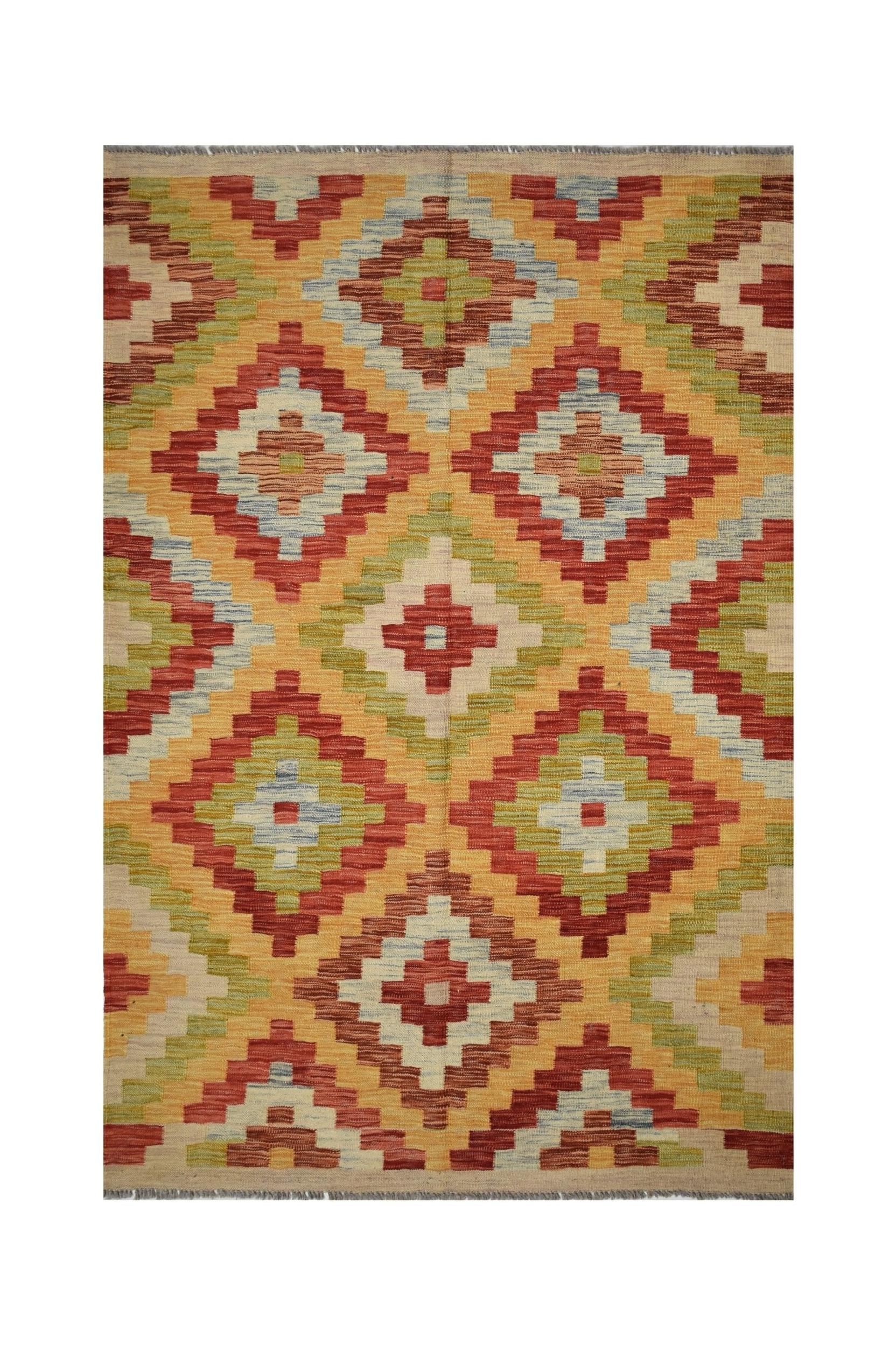 Handmade Afghan Maimana kilim rug featuring a geometric diamond pattern in warm earthy tones.