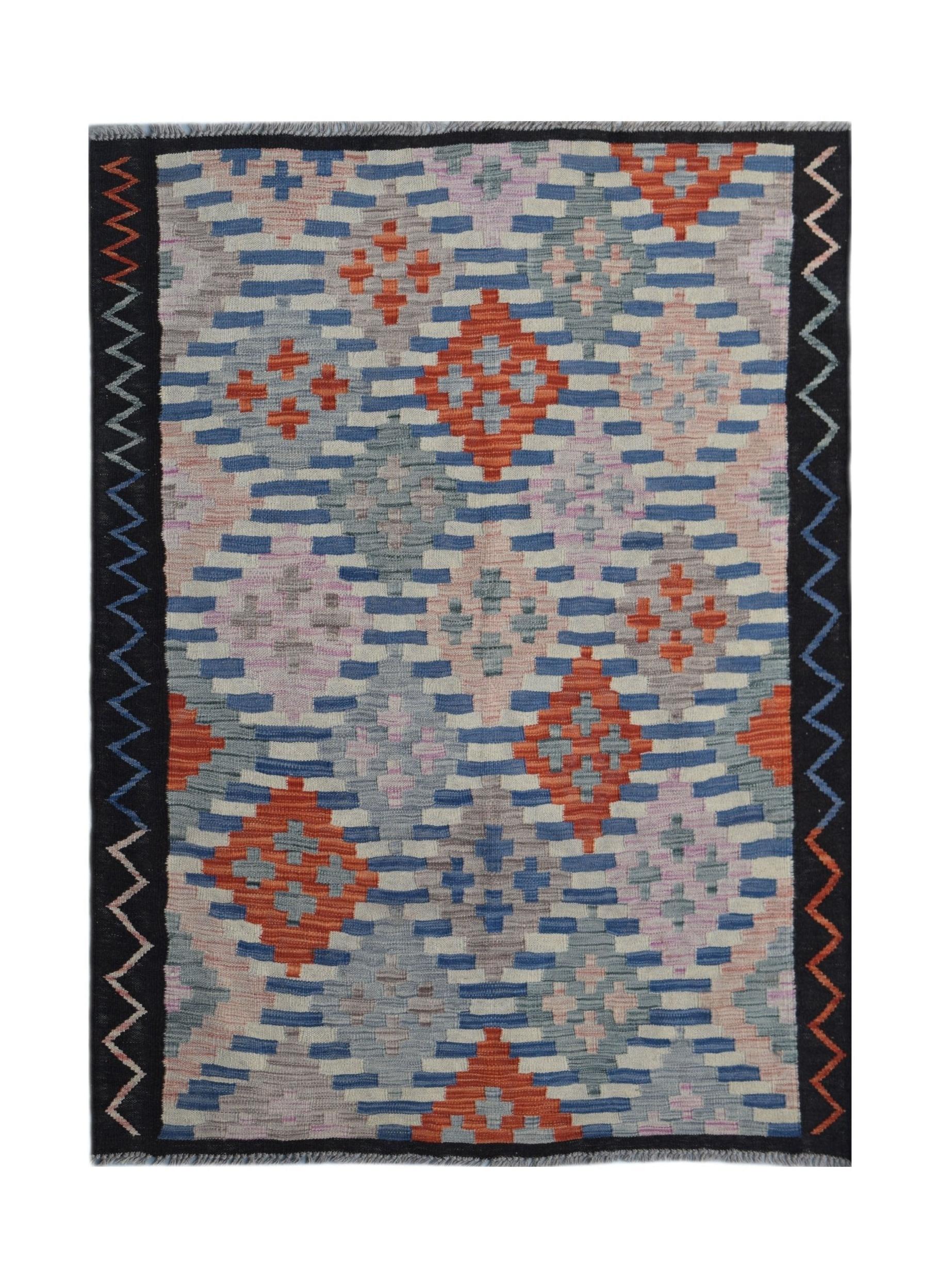 Handwoven Afghan Maimana kilim rug featuring a geometric diamond pattern in orange, blue, and grey.