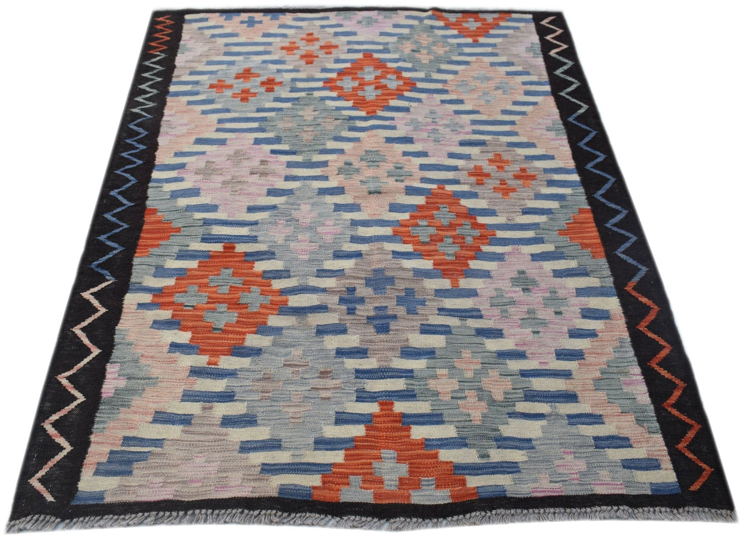 Handwoven Afghan Maimana kilim rug featuring a geometric diamond pattern in orange, blue, and grey.