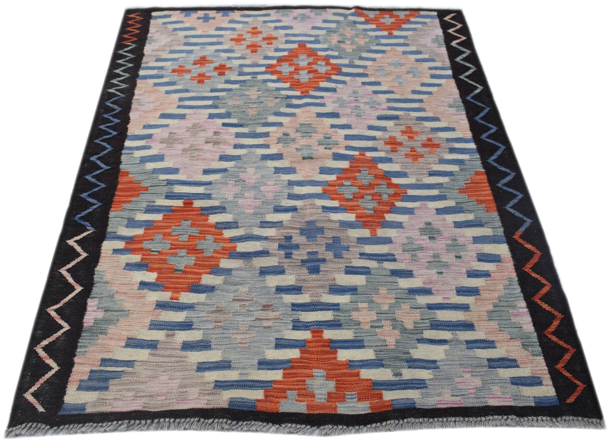 Handwoven Afghan Maimana kilim rug featuring a geometric diamond pattern in orange, blue, and grey.