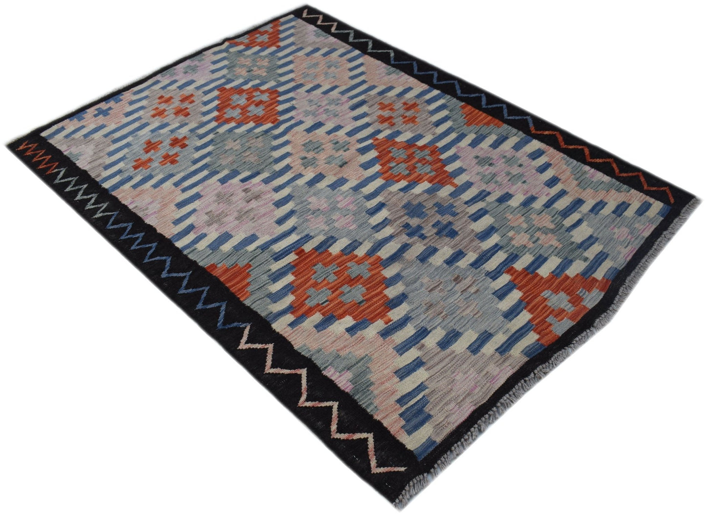Handwoven Afghan Maimana kilim rug featuring a geometric pattern in orange, blue, and grey tones.