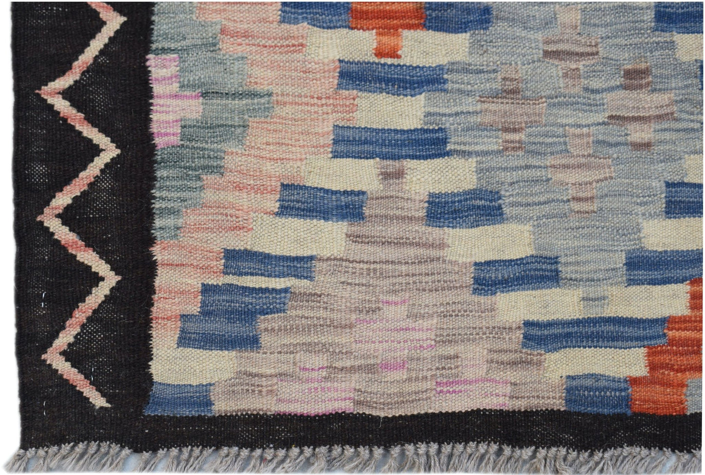 Handwoven Afghan Maimana kilim rug featuring a geometric pattern in blue, orange, and beige tones.