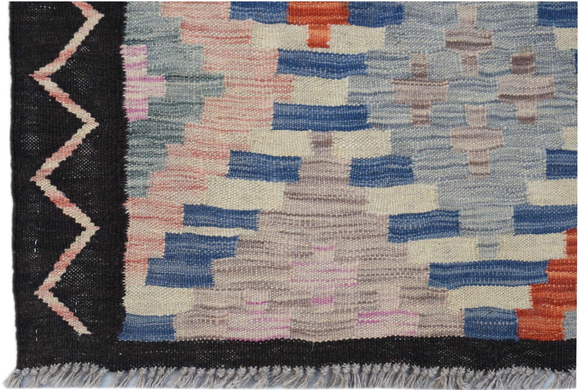 Handwoven Afghan Maimana kilim rug featuring a geometric pattern in blue, orange, and beige tones.