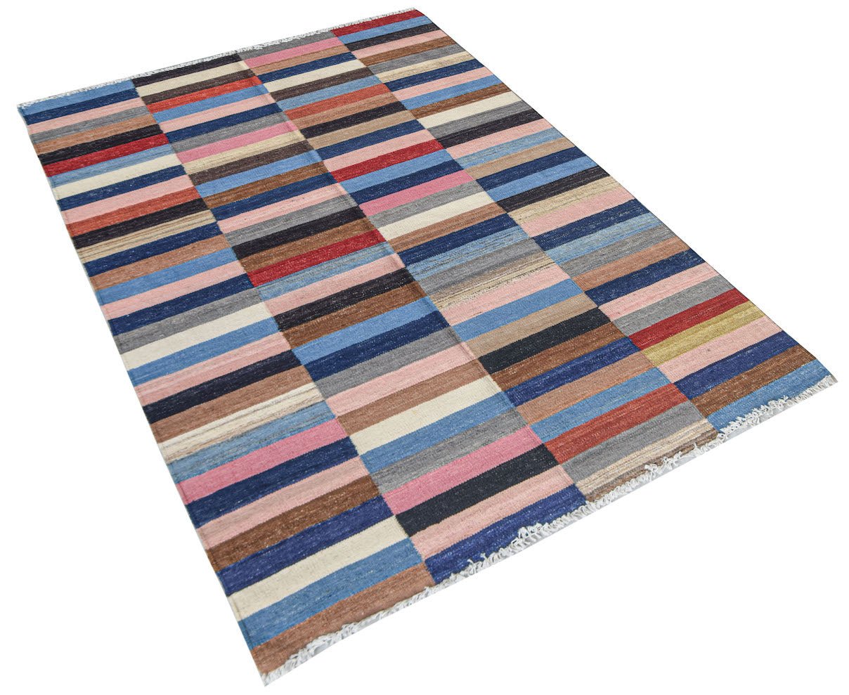 Afghan Maimana Kilim with horizontal stripes in various colors.