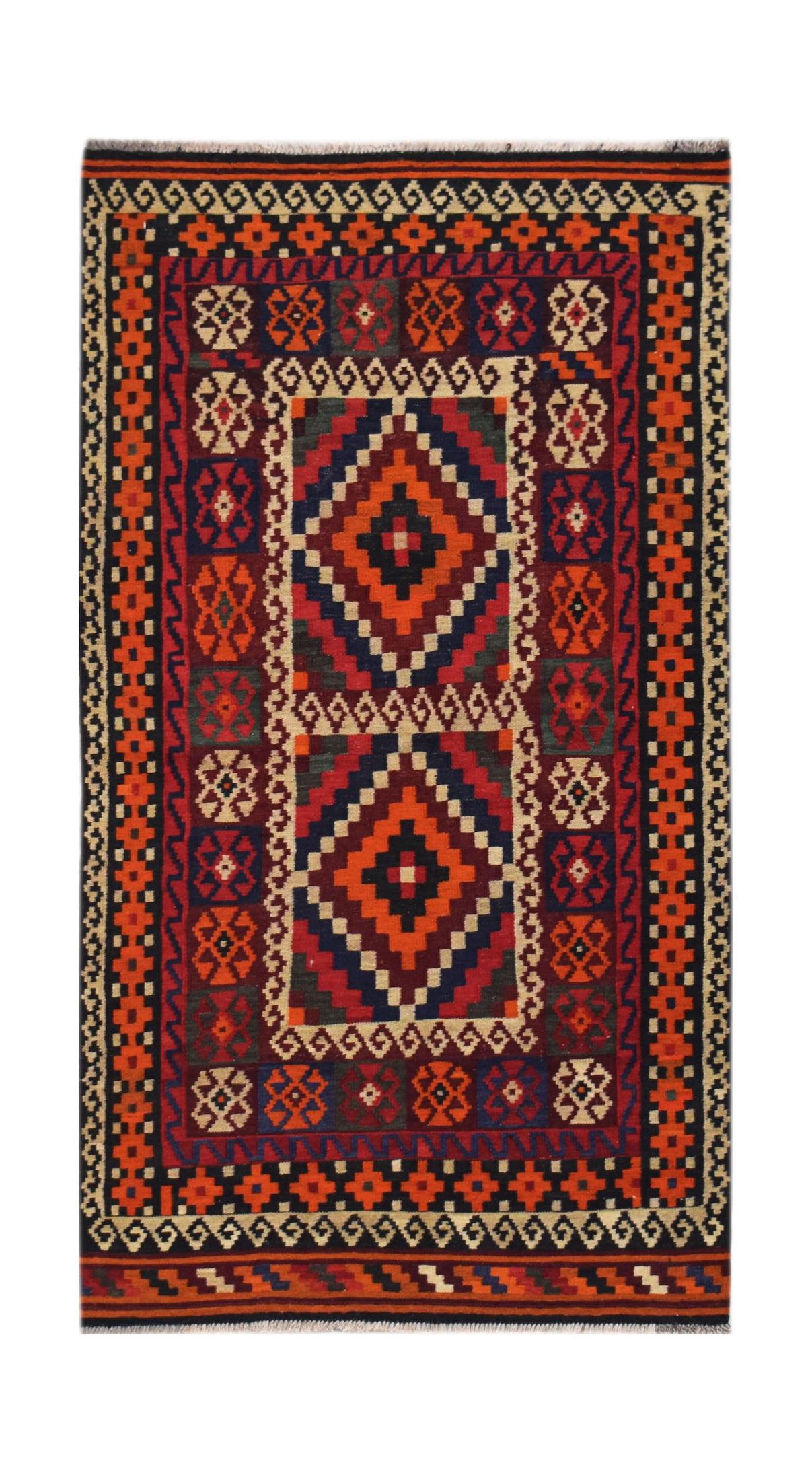 Handwoven Afghan Maimana kilim rug featuring a geometric diamond pattern in red, blue, and orange.