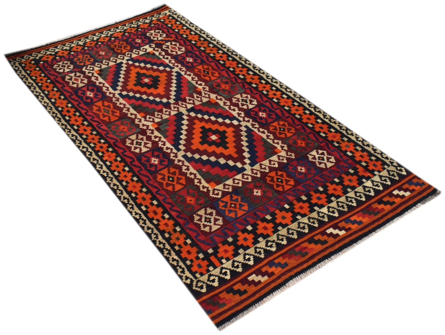 Handwoven Afghan Maimana kilim rug featuring a geometric pattern in red, blue, and orange tones.