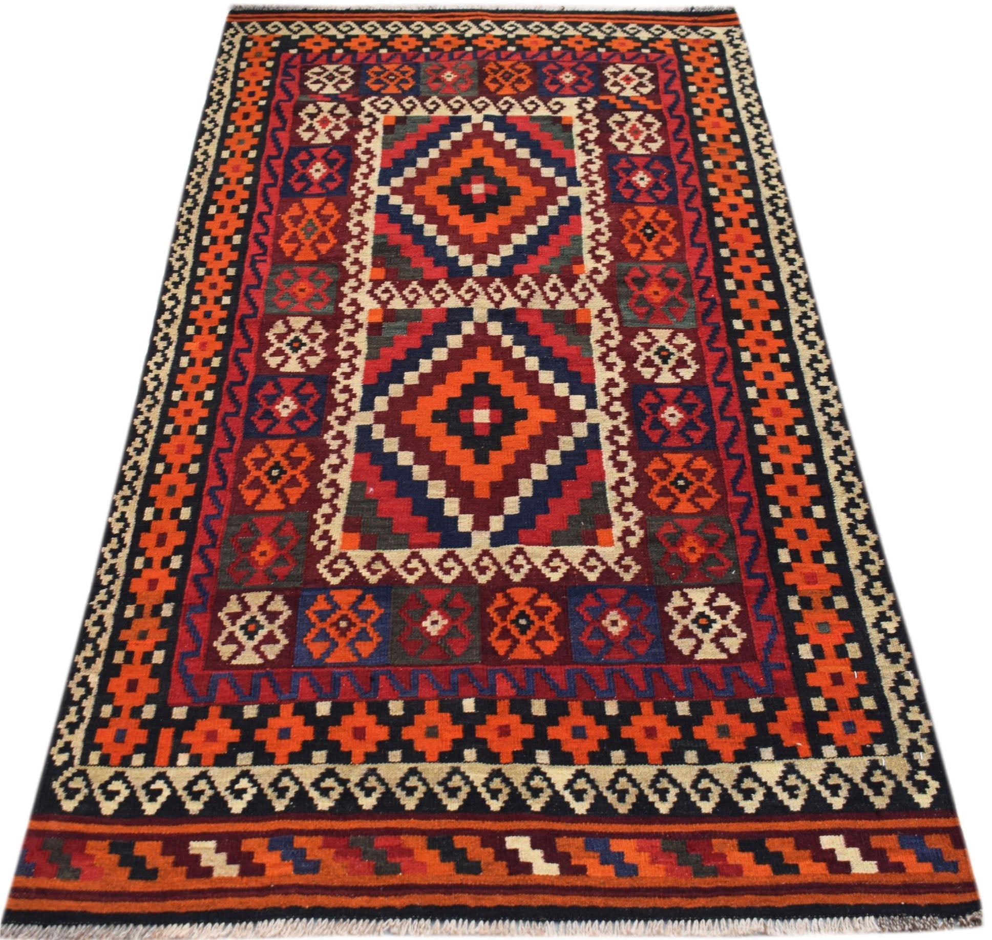 Handwoven Afghan Maimana kilim rug featuring geometric diamond patterns in red, blue, and orange.