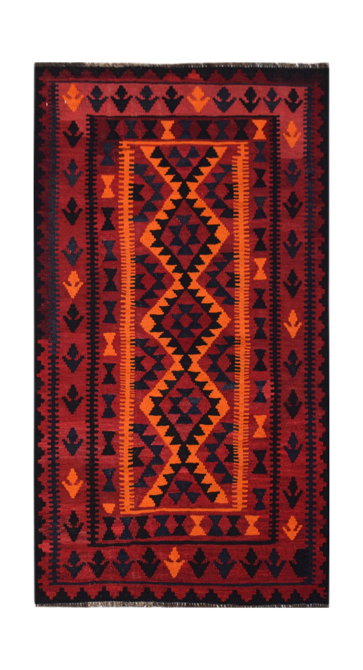 Handwoven Afghan Maimana kilim rug featuring a geometric diamond pattern in red, orange, and black.