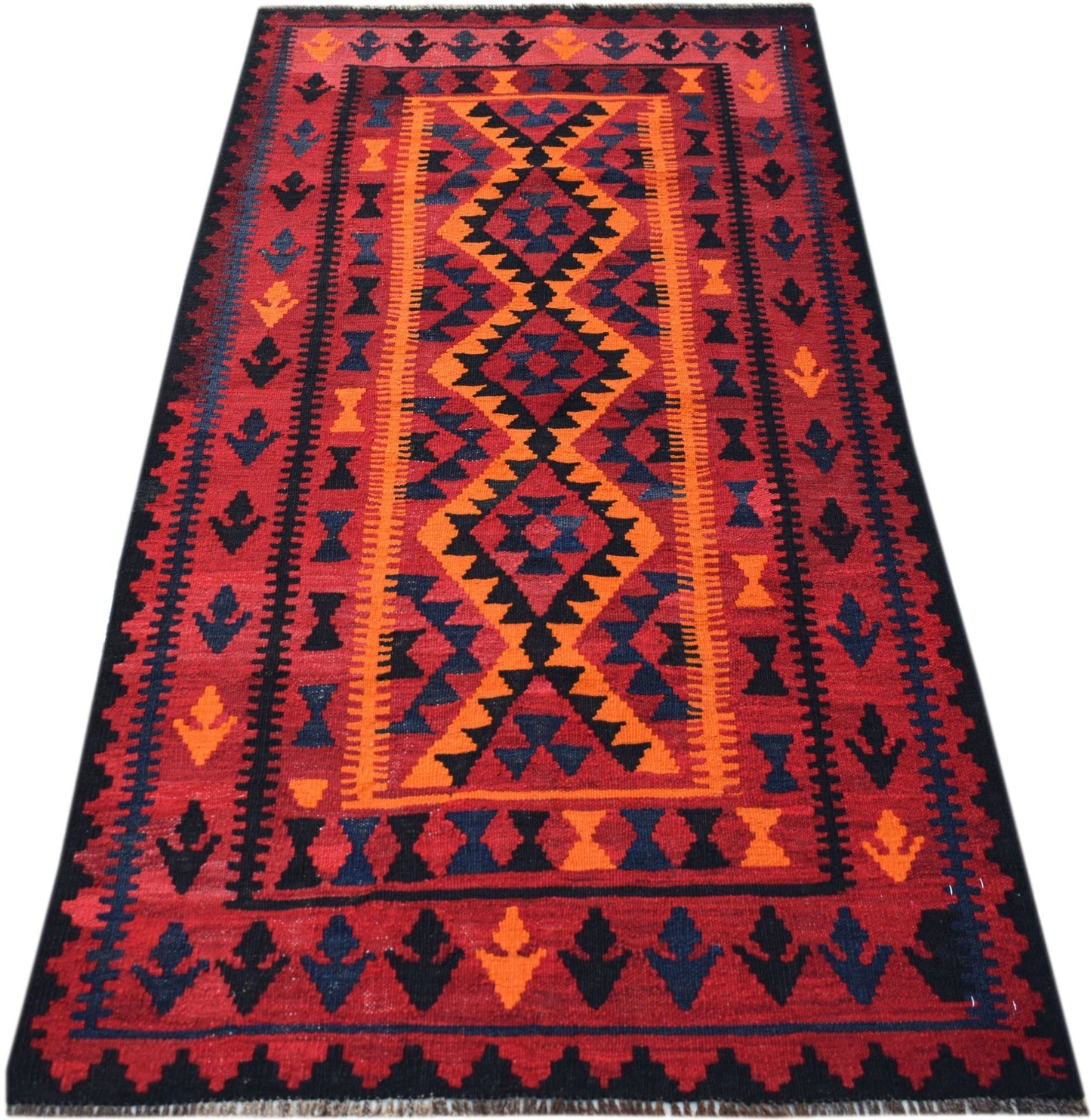 Handwoven Afghan Maimana kilim rug featuring a geometric diamond pattern in red, orange, and blue.