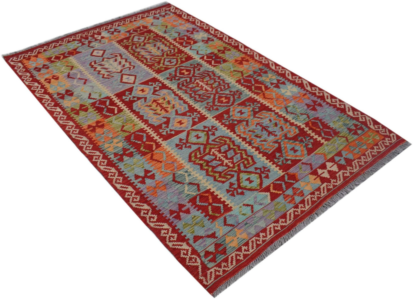 Handwoven Afghan Maimana kilim rug featuring a vibrant geometric pattern in wool.