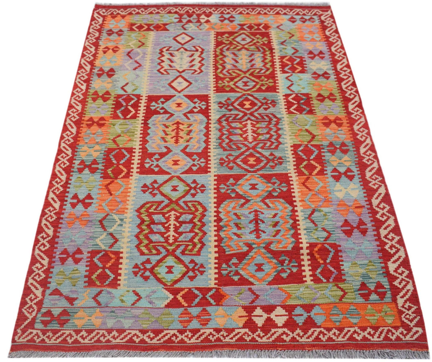 Handmade Afghan Maimana kilim rug featuring a vibrant geometric pattern in red and multi-colors.