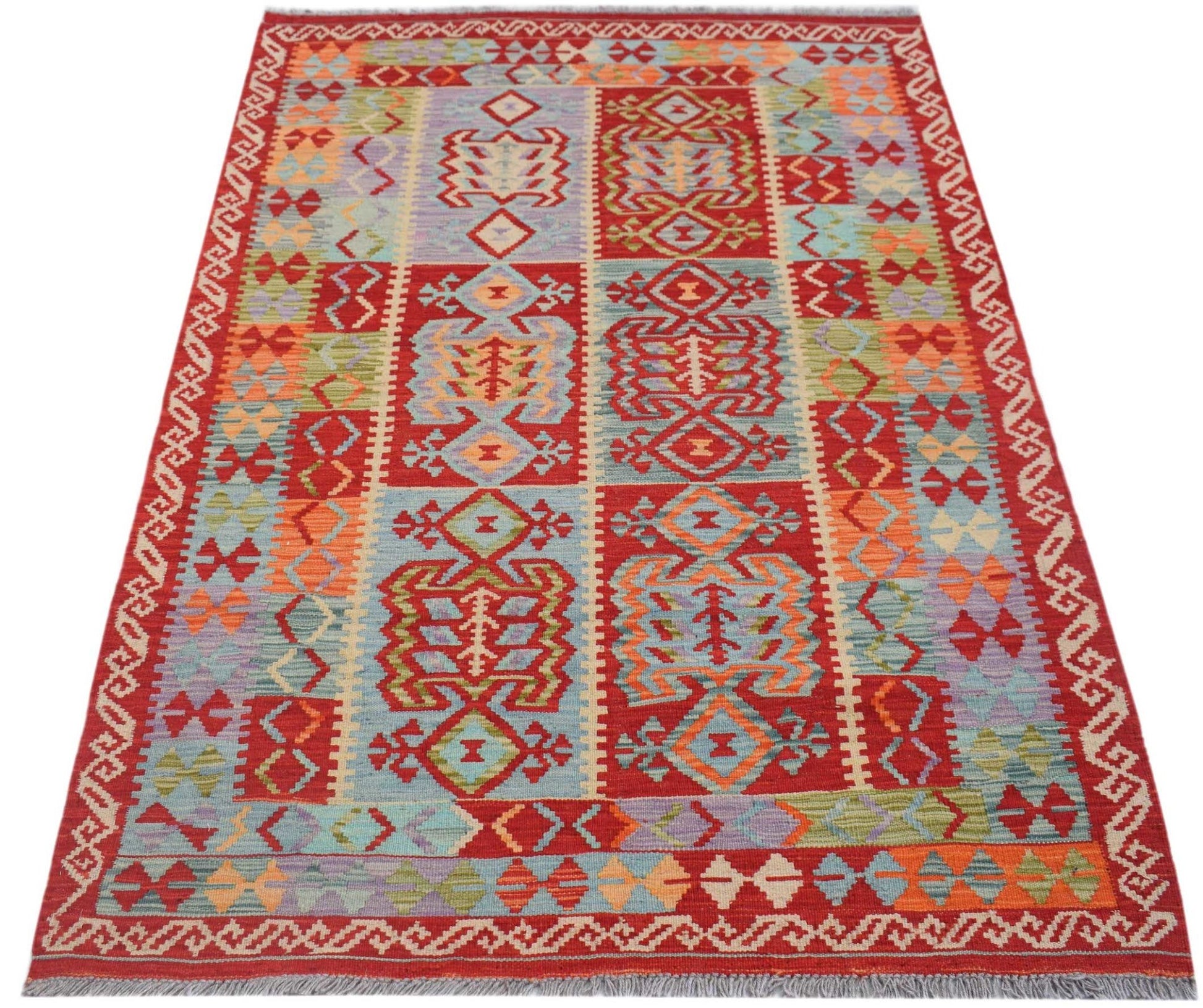 Handmade Afghan Maimana kilim rug featuring a vibrant geometric pattern in red and multi-colors.