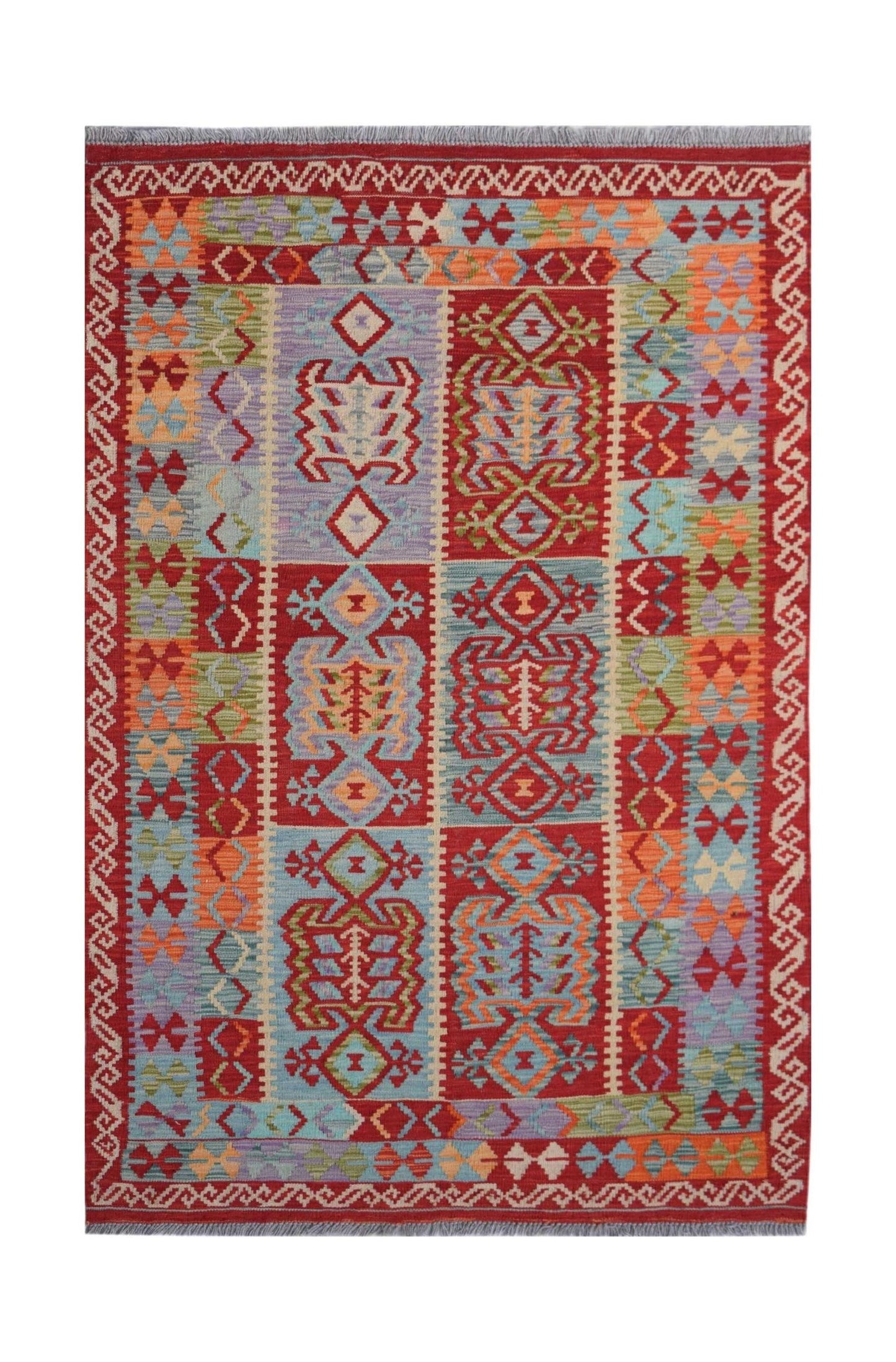 Handwoven Afghan Maimana kilim rug featuring a vibrant geometric pattern in a flatweave wool design.