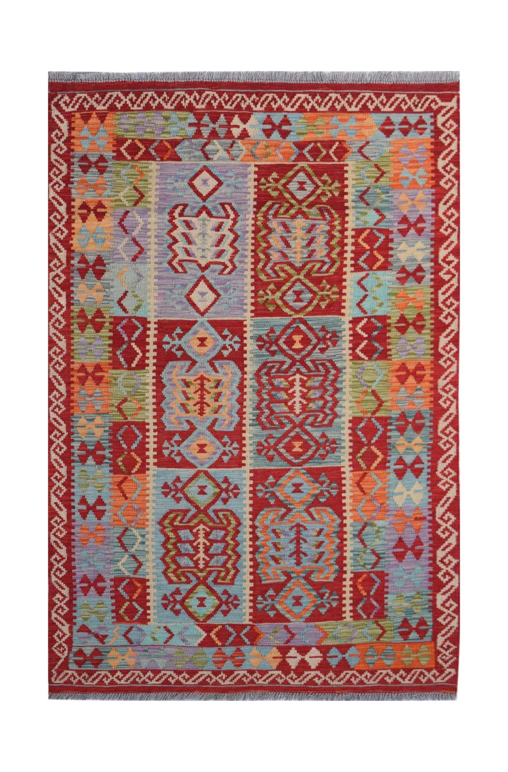 Handwoven Afghan Maimana kilim rug featuring a vibrant geometric pattern in a flatweave wool design.