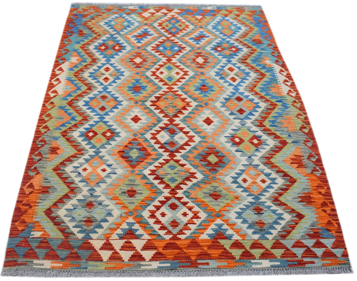 Handwoven Afghan Maimana kilim rug featuring a colorful geometric diamond pattern.